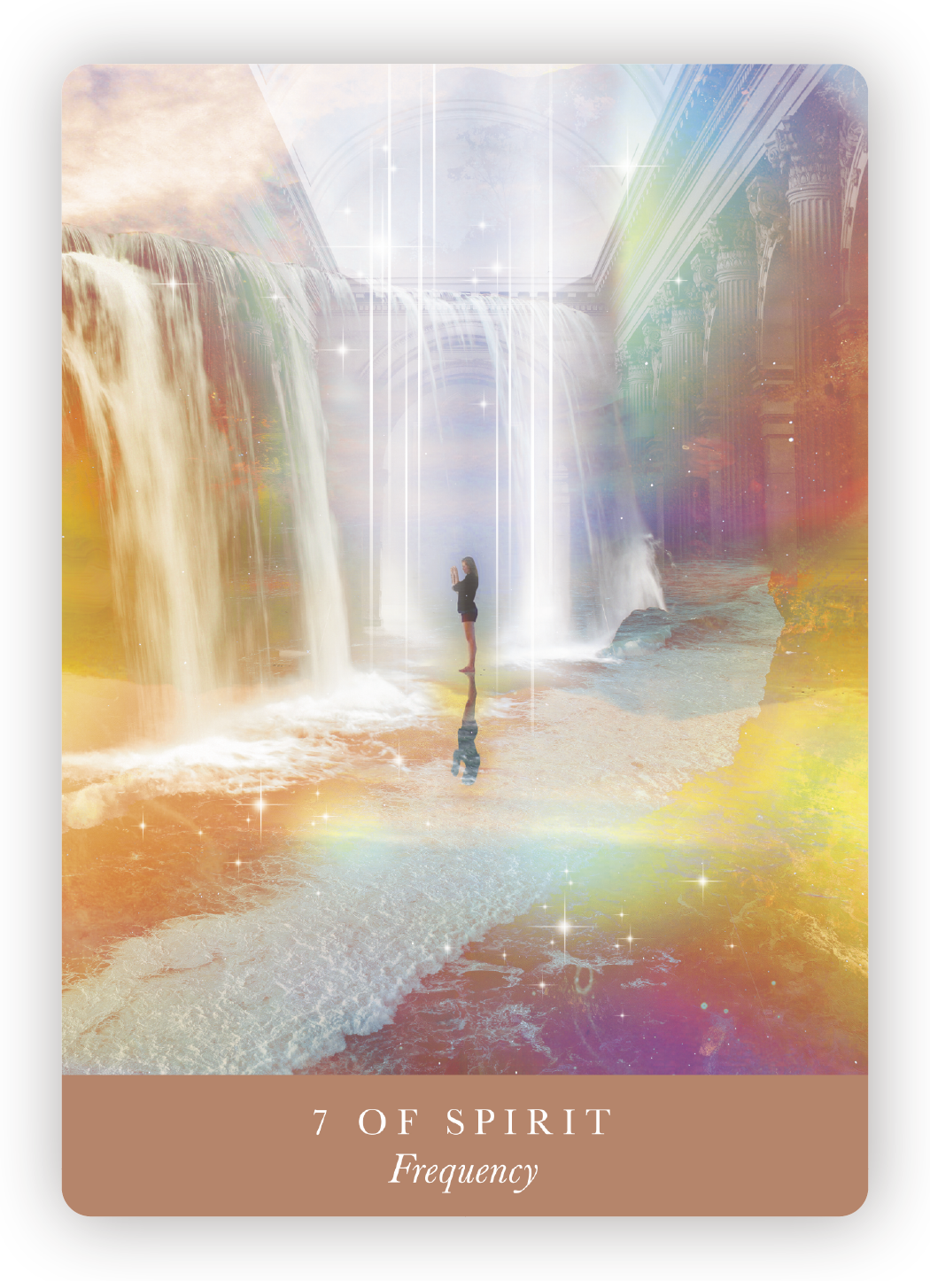 A mystical scene with a woman standing on a beach, taking a picture, surrounded by waterfalls, rainbow colors, sparkles, and ancient ruins in the background. The card title reads '7 of Spirit' with the word 'Frequency' underneath.