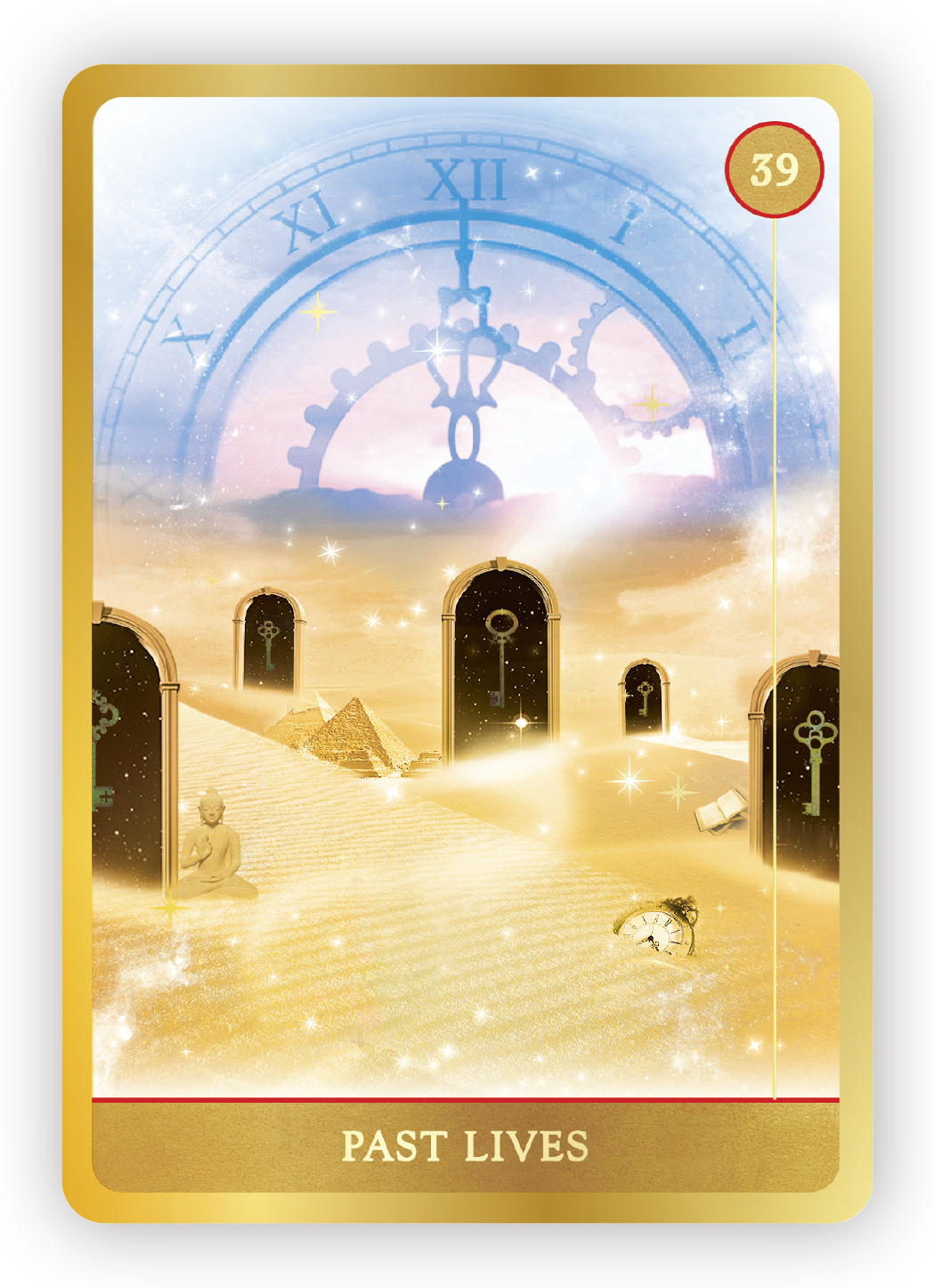 A fantasy scene featuring a large clock tower, doors with keyholes, pyramids, a Buddha statue, and floating books in a golden desert landscape with stars and a galaxy background. The card is labeled "Past Lives" with the number 39.
