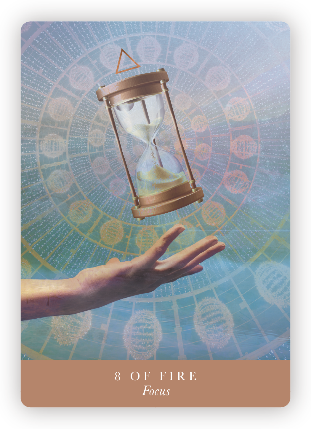 A hand reaching up towards an hourglass in a mystical, cosmic background with glowing celestial objects and intricate patterns, symbolizing focus.