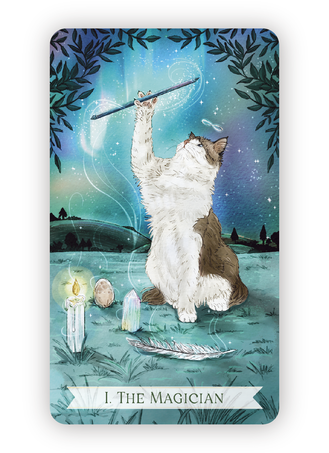 A mystical scene featuring a cat sitting on the ground, raising a stick with a glowing tip towards the night sky filled with stars. Around the cat are lit candles, a feather, a crystal, and an egg. The background shows rolling hills and trees under a