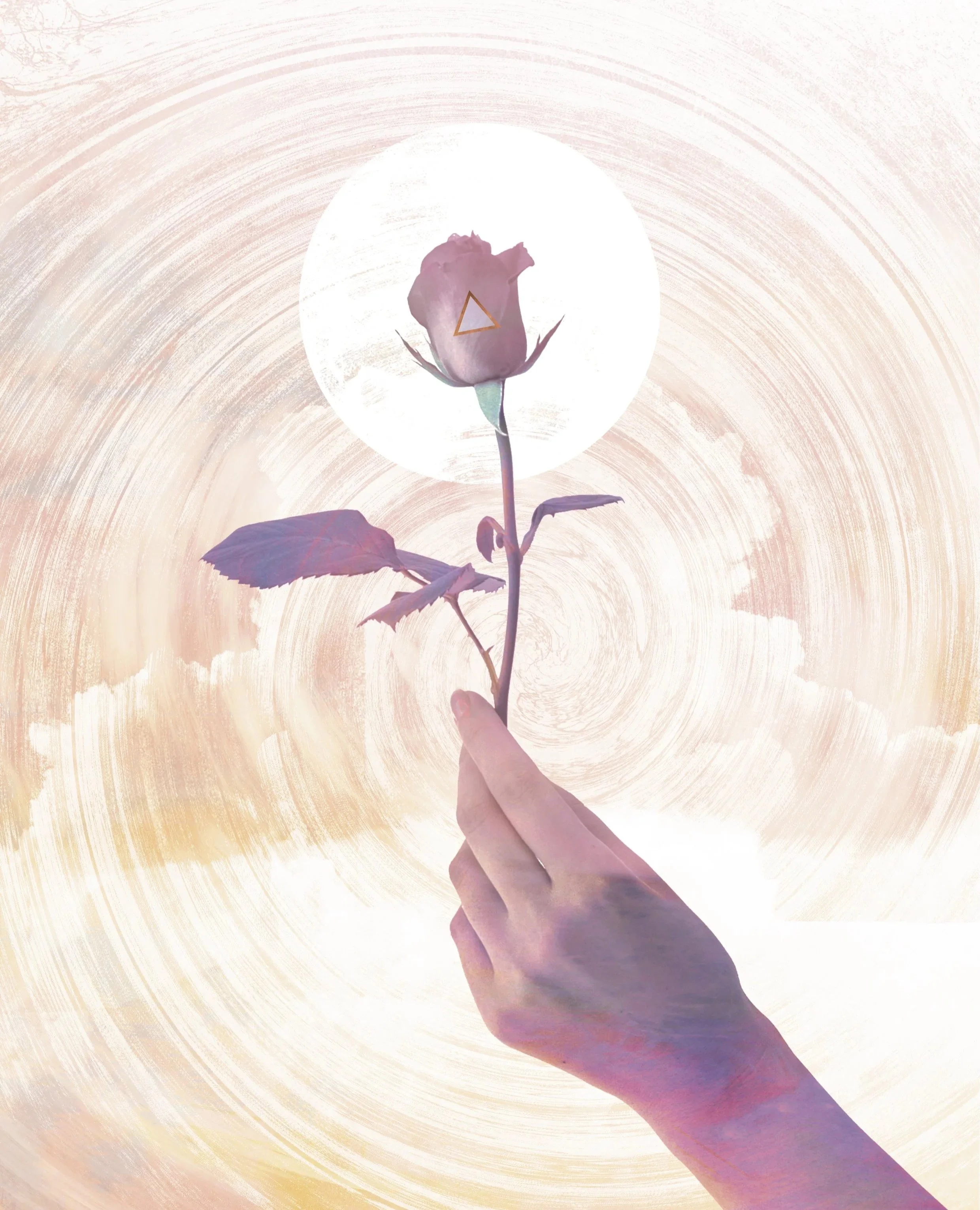 A hand holding a pink rose with a geometric triangle mark on the flower, set against a surreal background of a glowing moon and swirling pastel-colored sky.