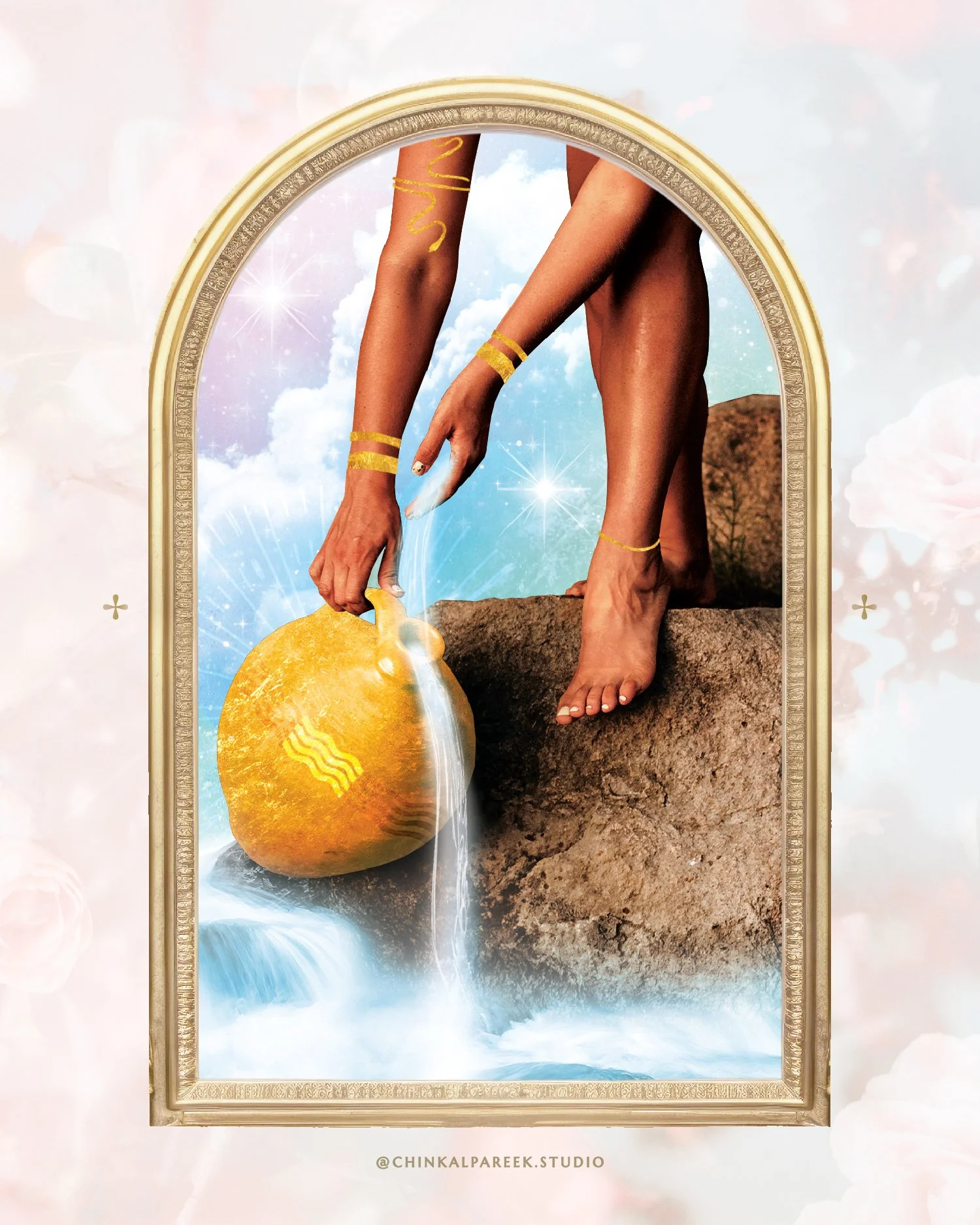 A digital artwork depicting a person with golden jewelry, leaning over a large yellow pot, pouring water flowing down onto rocks and into a stream, framed within an ornate gold arch, with a blue sky and clouds in the background.