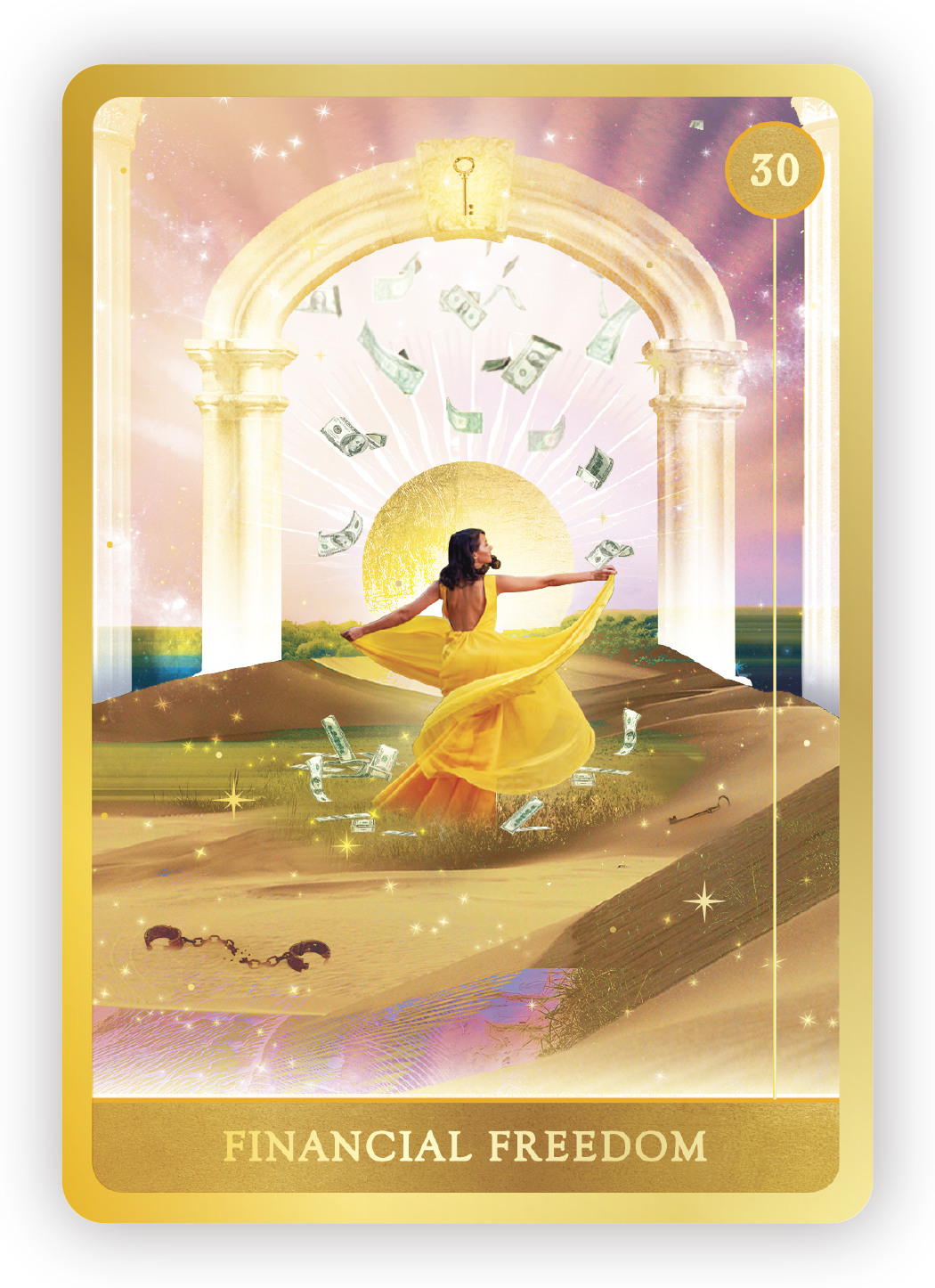 A woman in a yellow dress dancing in a surreal landscape with floating dollar bills, a large sun, and ancient archway structures, symbolizing financial freedom.
