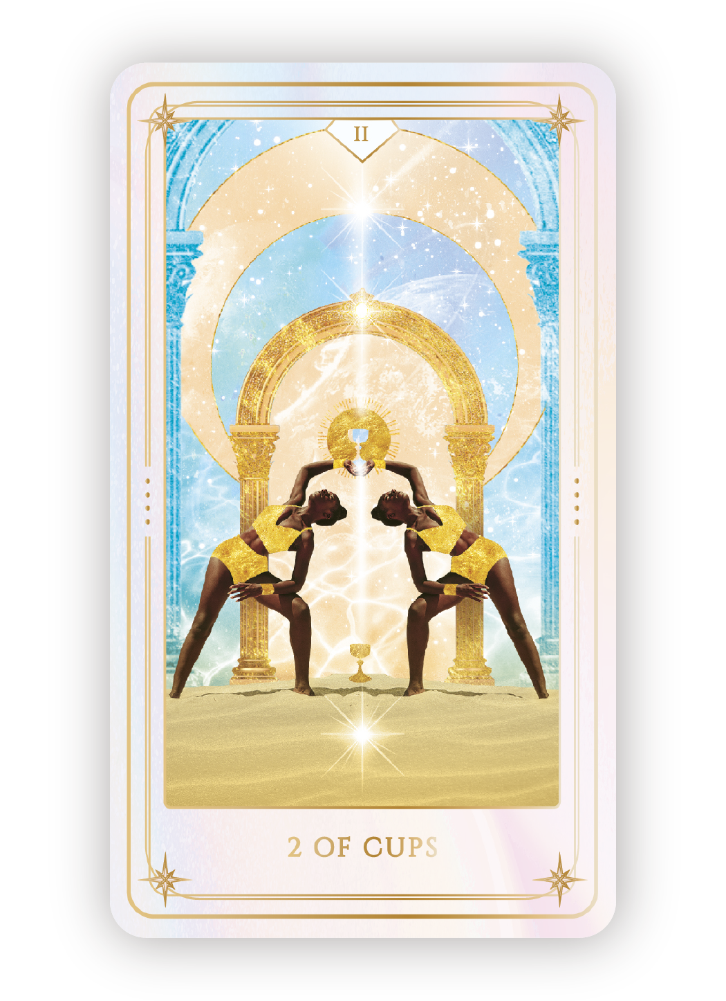 Tarot card titled '2 of Cups' featuring two women in yellow outfits mirrored in a dance pose, with an ornate gold arch, starry sky, and cosmic elements in the background.
