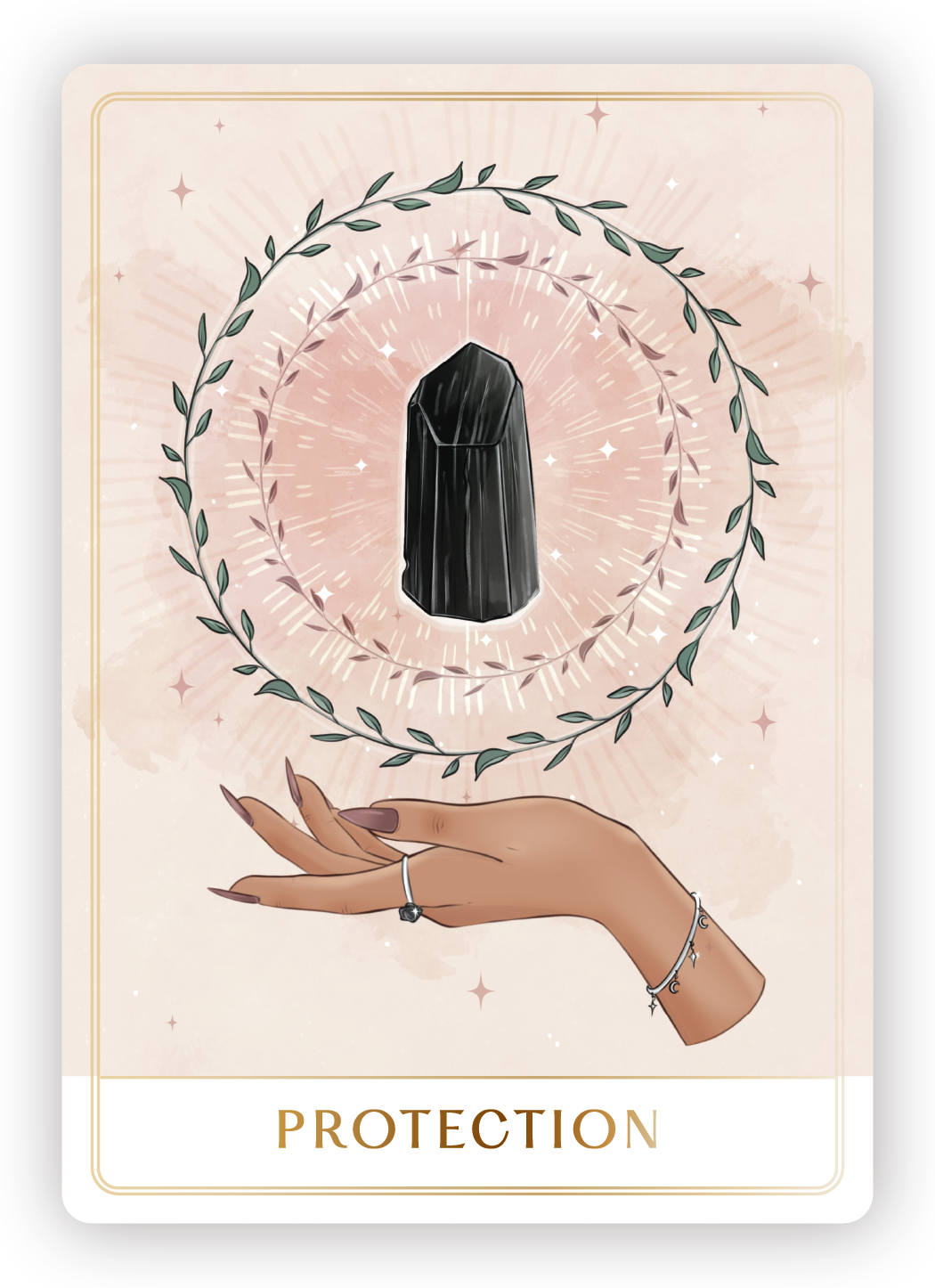 A tarot card titled 'Protection' showing a hand with rings and bracelets holding up a black crystal or stone, surrounded by a circular wreath of leaves and sparkles.