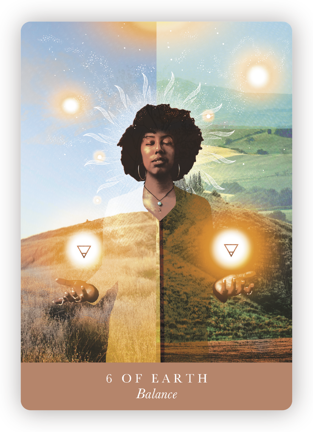 A woman with natural curly hair standing in a field with a digital and artistic background featuring clouds, sun, and glowing symbols representing balance and earth.