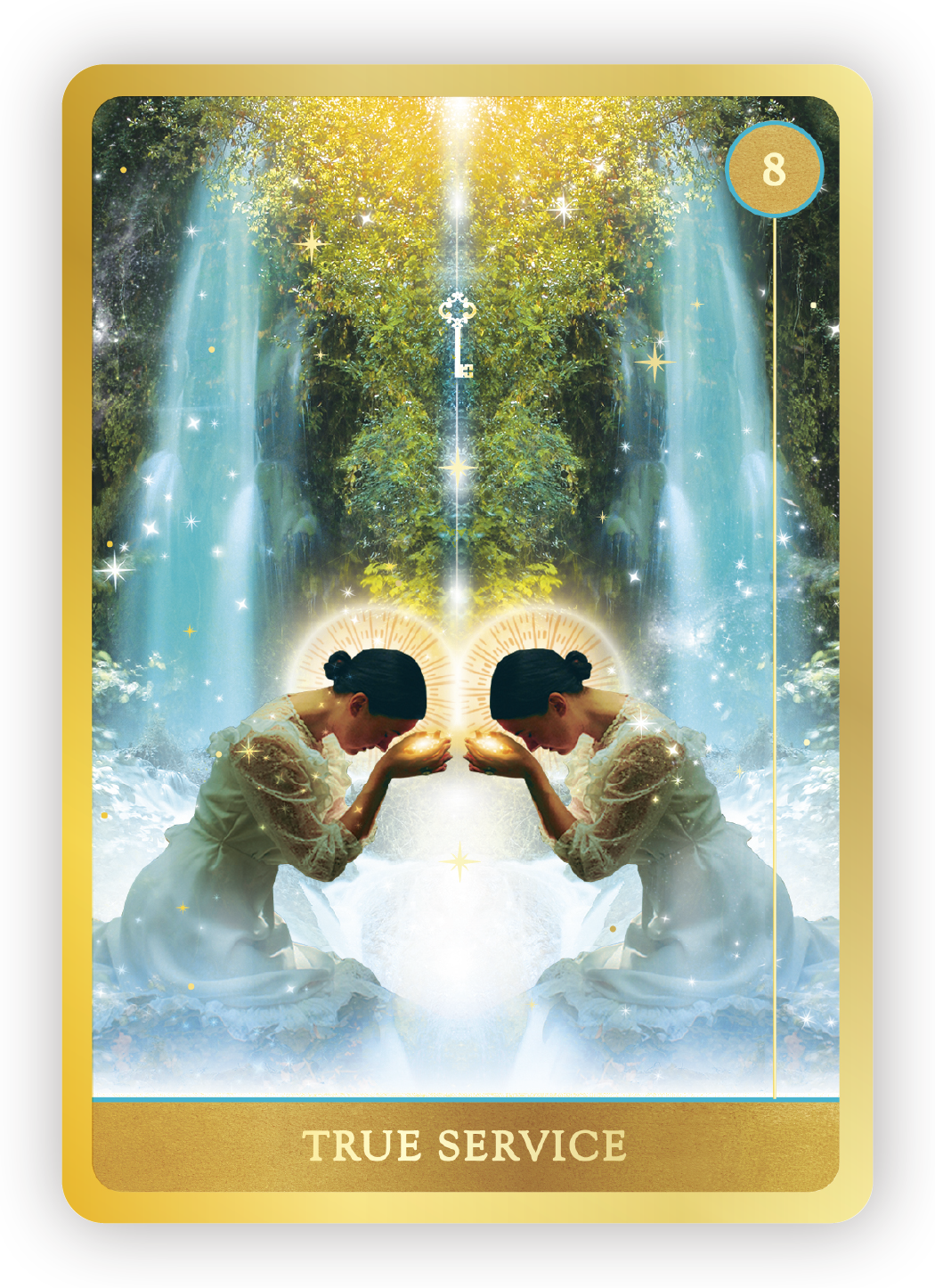Two women kneeling with heads bowed, glowing halos behind them, surrounded by waterfalls, trees, and sparkling stars, with a key and number 8 in the top right corner, and the words "True Service" at the bottom.