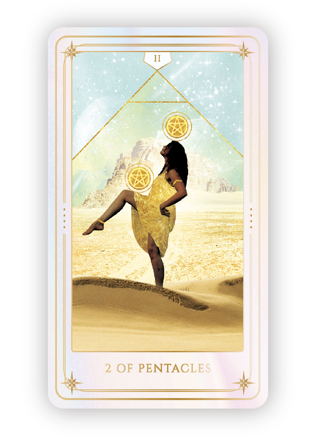 Tarot card titled '2 of Pentacles' showing a woman in a desert landscape with pyramids in the background, wearing a gold dress, with pentacle symbols above her.
