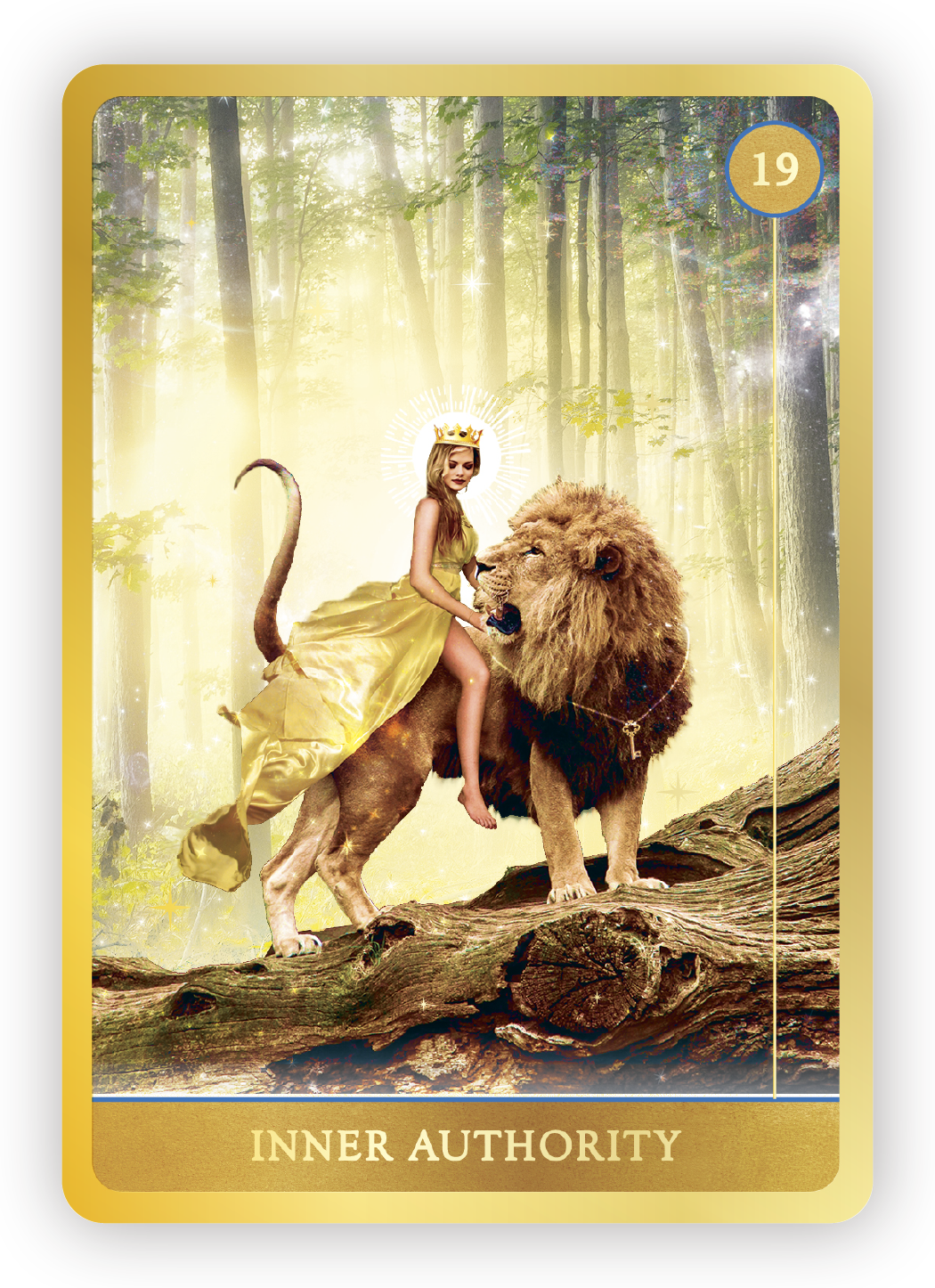 A fantasy artwork featuring a woman with a crown riding a lion in a forest with sunlight filtering through trees, labeled 'Inner Authority' and numbered 19.