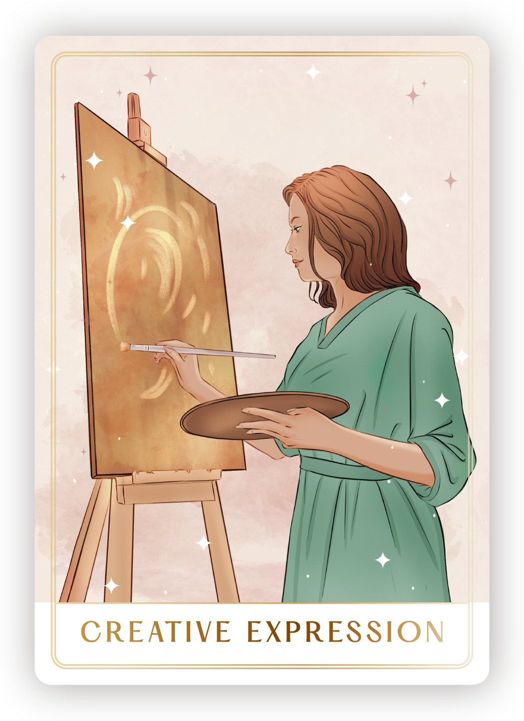 A woman painting on a canvas with a paintbrush and palette, with a background decorated with stars, conveying creative expression.