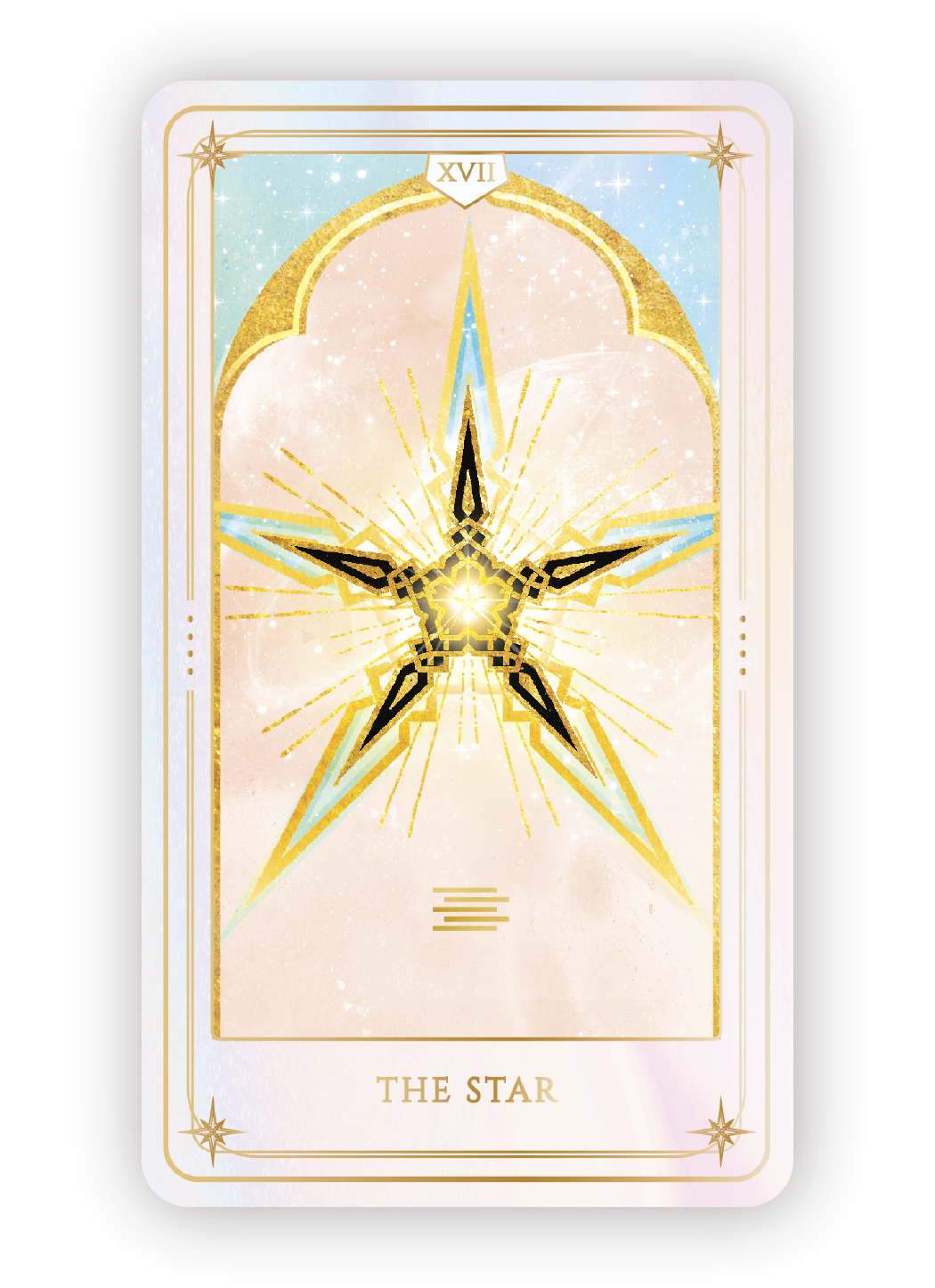 A tarot card titled "The Star" featuring a large star with a golden glow and radiant beams, set against a pastel-colored background with a blue sky and sparkling effects, and Roman numeral XVII at the top.