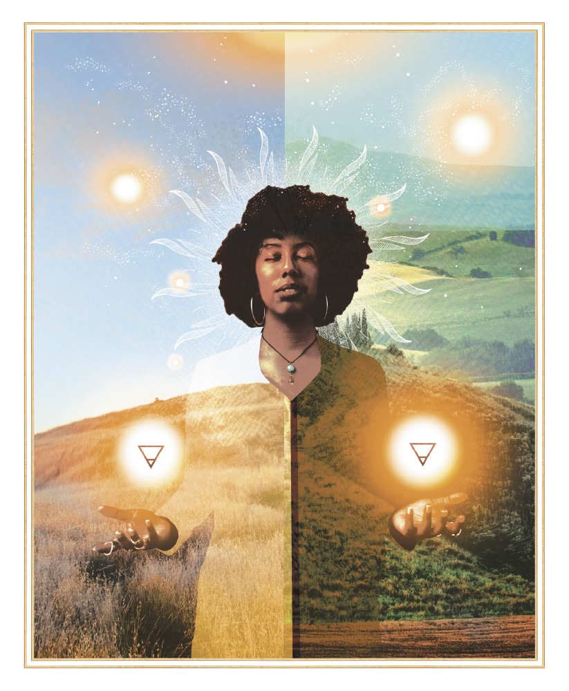 A split background with a woman in the center, half in sunny fields and half in lush green hills. She has natural curly hair, wears jewelry, and is holding glowing symbols in each hand. The image evokes themes of nature, spirituality, and balance.