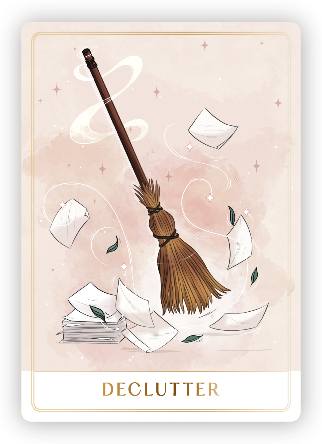 A broom sweeping paper and leaves in a swirling motion, with the word 'DECLUTTER' at the bottom, decorated with small stars and sparkles on a beige background.