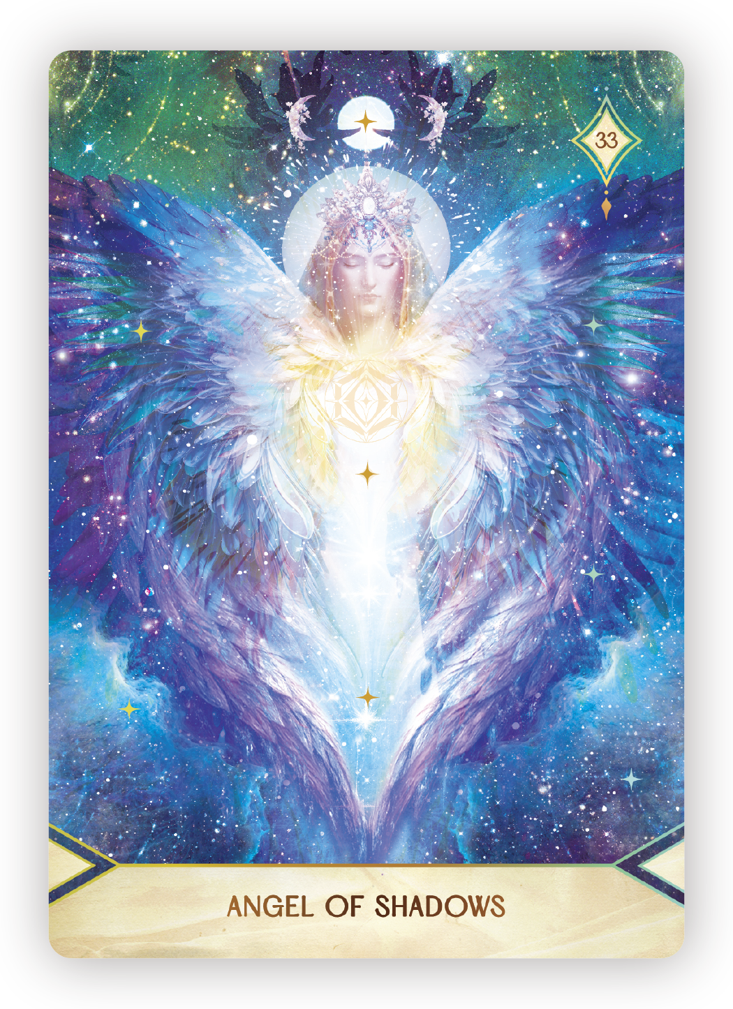 A digital artwork titled 'Angel of Shadows' featuring a celestial angel with large, luminescent wings surrounded by stars and cosmic elements in a vibrant, mystical scene.