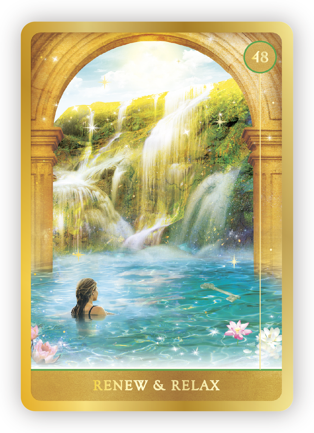 A woman wading in a pond with pink flower, overlooking a lush waterfall through an archway with golden accents, stars, and sparkles, with the text "Renew & Relax" at the bottom.