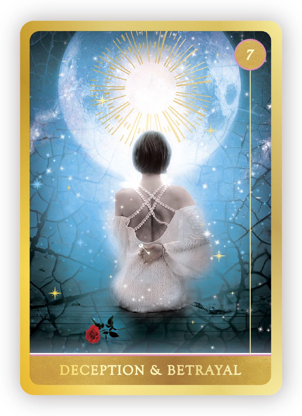 A woman in a white lace dress, sitting with her back to the viewer, holding a key behind her back. She is facing a glowing sun with gold rays, surrounded by stars and crackled blue sky. A red rose lies on the ground in front of her. The card is title