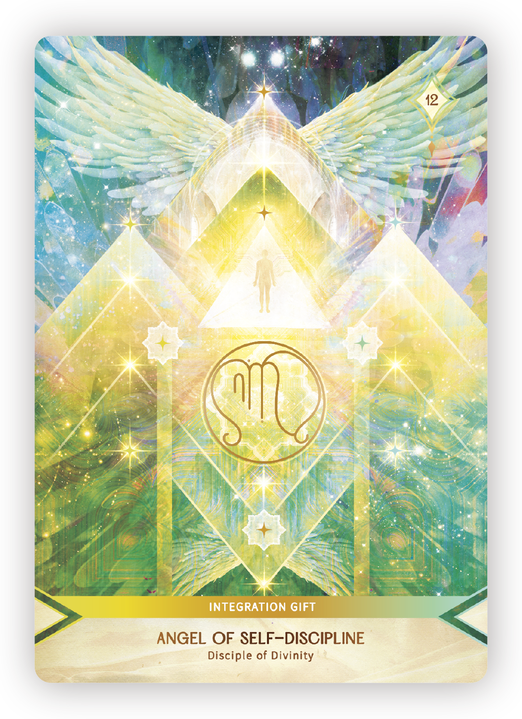 An artistic, mystical illustration featuring a human figure inside a pyramid, shining stars, angel wings at the top, and symbols representing self-discipline and divinity. The card is labeled "Angel of Self-Discipline" with an emphasis on spiritual g