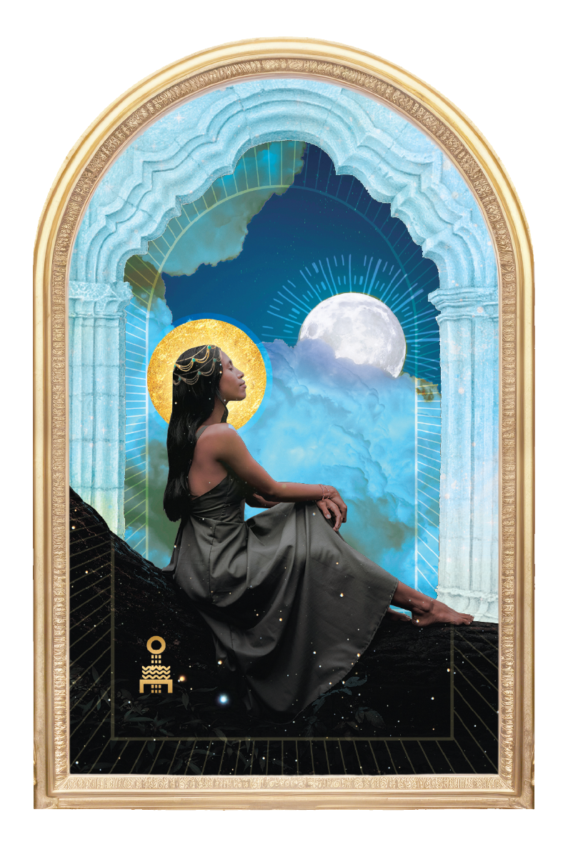 A woman sitting in a contemplative pose surrounded by a celestial and architectural background with clouds, a moon, and ornate arches.