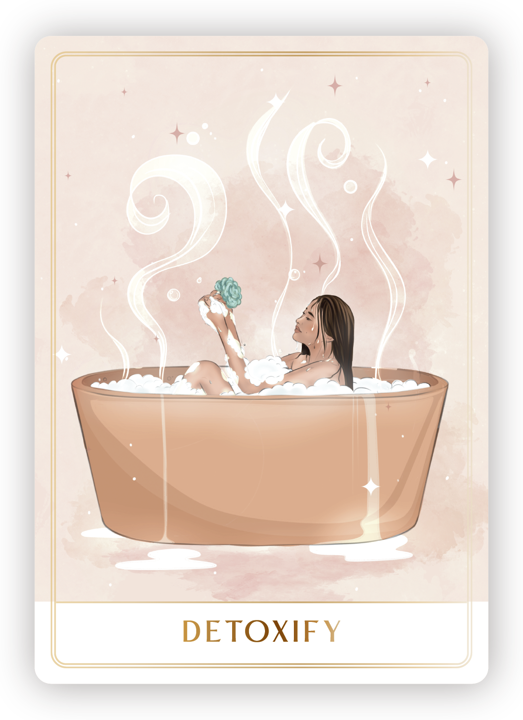 A woman relaxing in a bathtub filled with bubbles, holding a bath sponge, with steam rising around her, labeled "Detoxify."