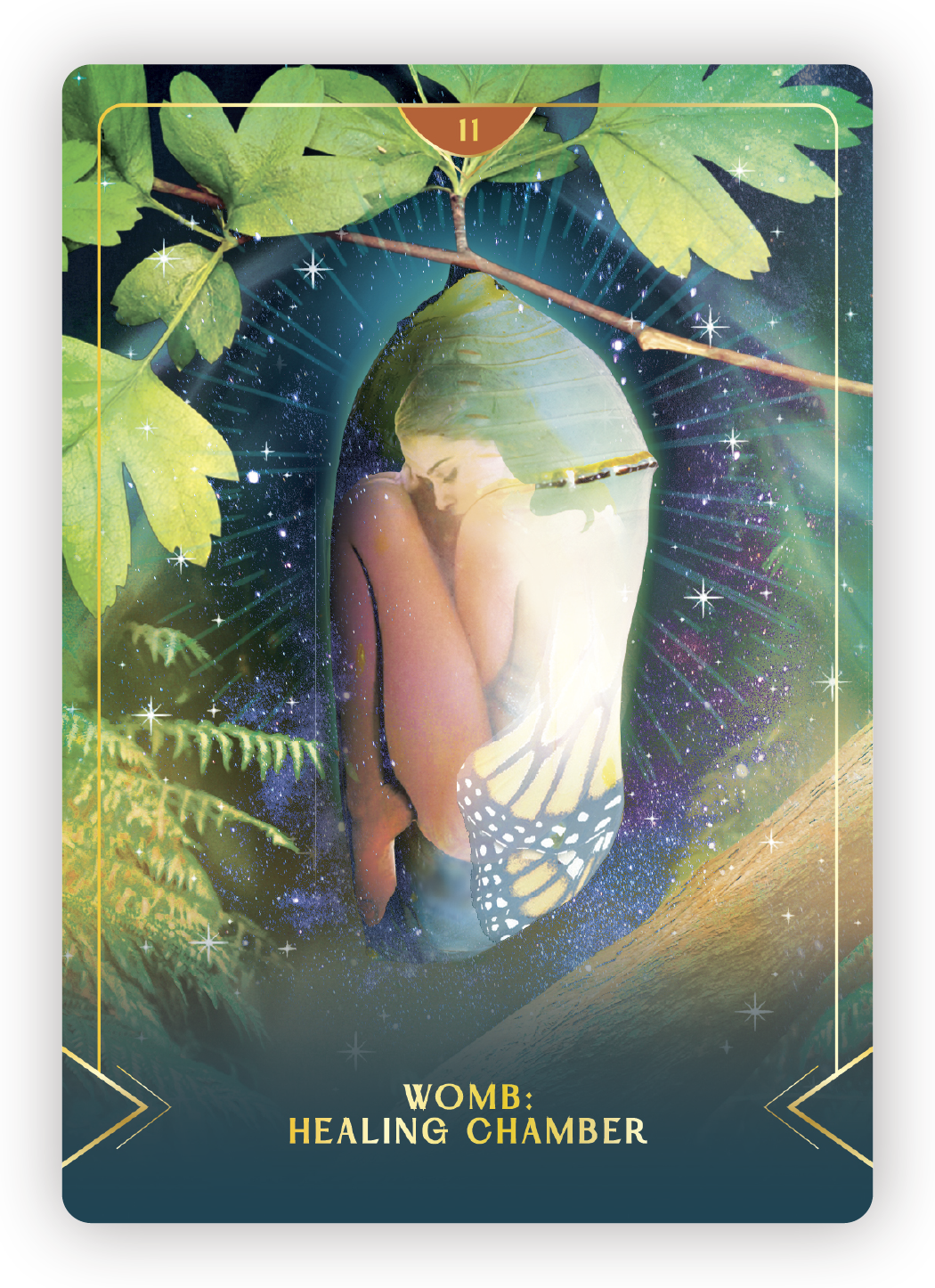 A mystical card titled 'Womb: Healing Chamber' featuring a woman curled in a fetal position inside a large, shell-like structure, surrounded by green leaves and a galaxy background with stars and sparkles.
