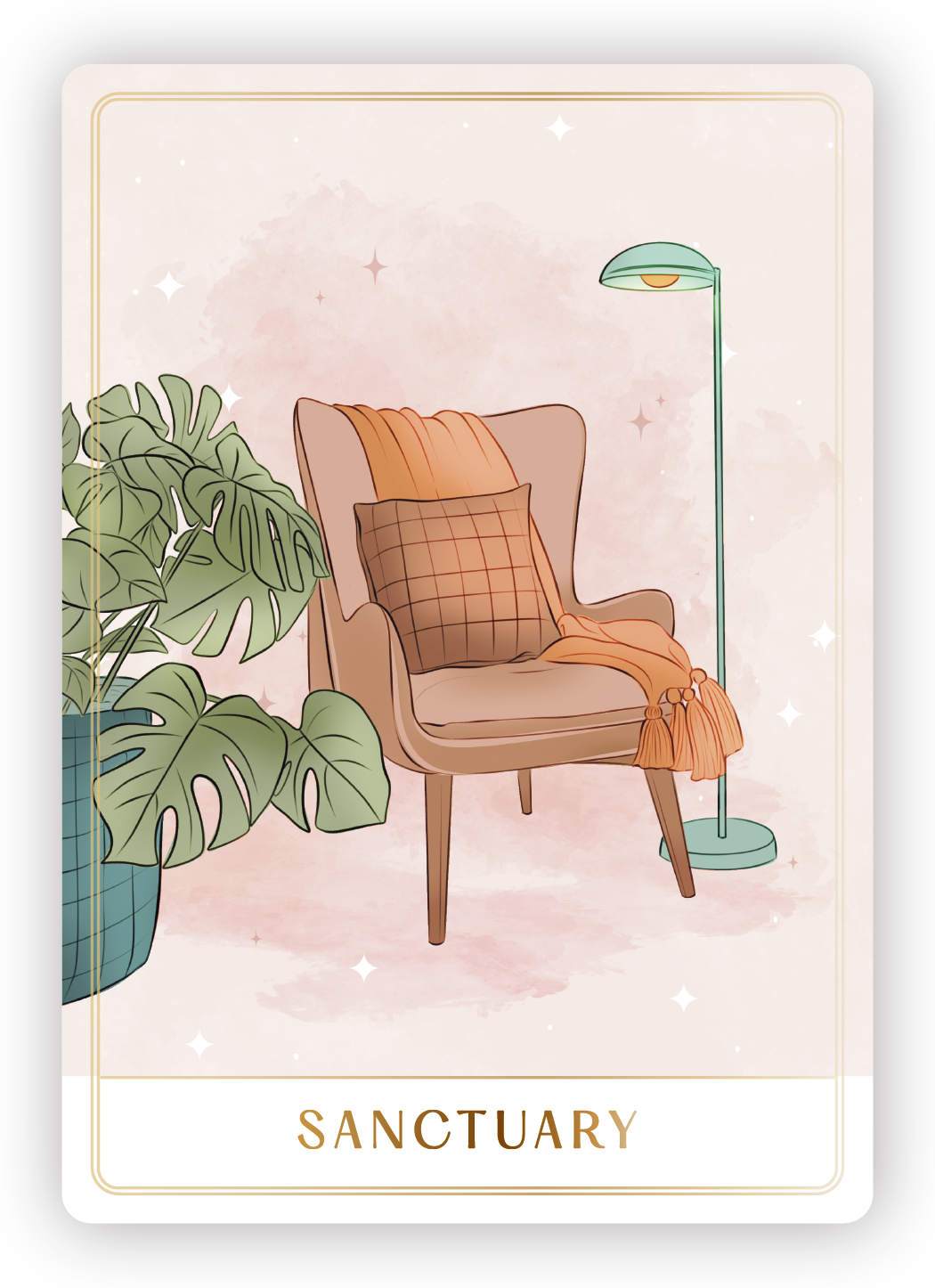 A cozy reading nook with a beige armchair, throw pillow, and blanket, surrounded by a potted monstera plant and a tall floor lamp, with the word 'SANCTUARY' at the bottom.