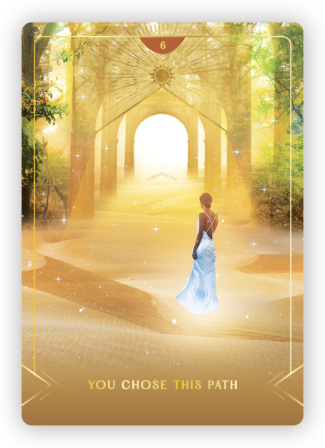 A woman in a white dress walking through a glowing, mystical pathway lined with trees and arches, with sunlight shining through, surrounded by sparkling stars and light effects.