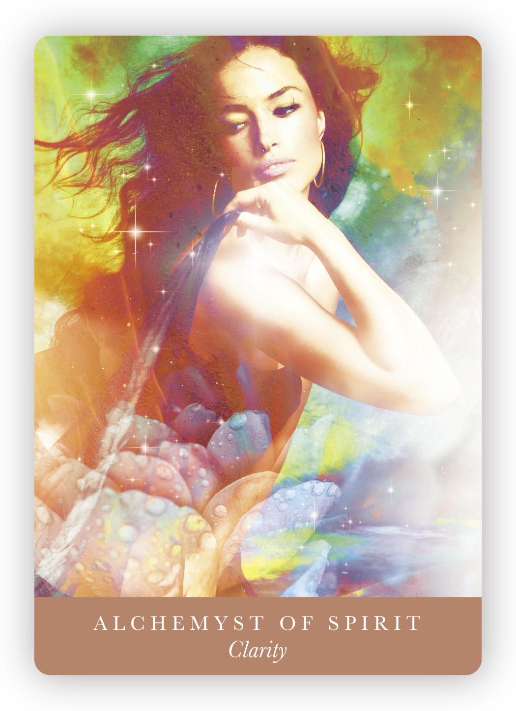 A woman with long hair and hoop earrings is surrounded by colorful, dreamy, abstract patterns and sparkles. The text at the bottom reads "ALCHEMY OF SPIRIT" and "Clarity."