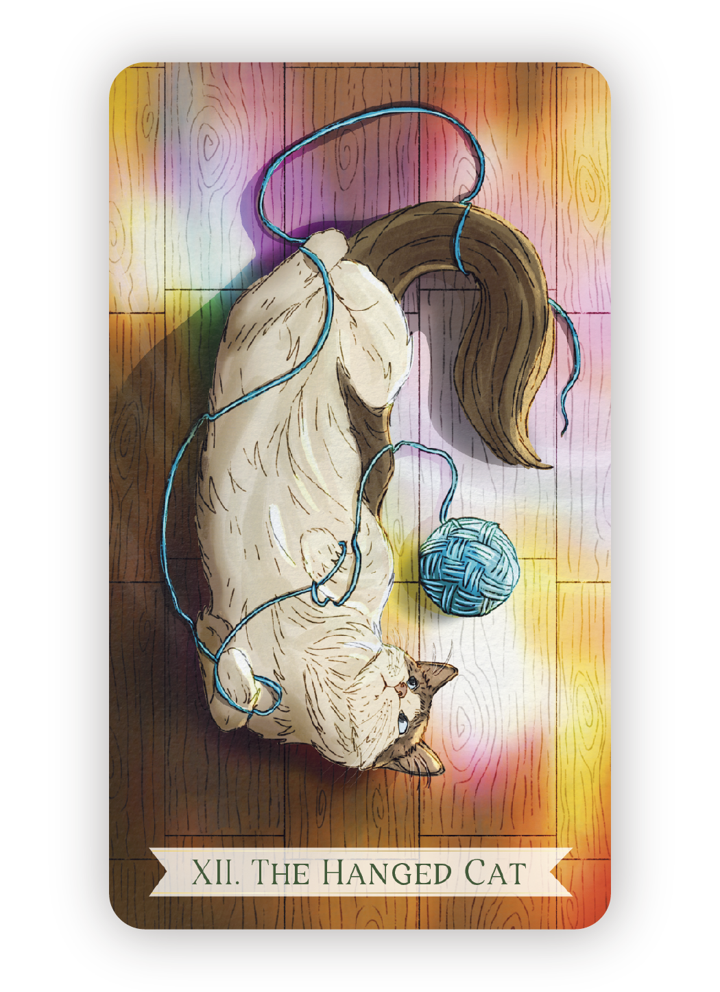A tarot card titled 'XII. The Hanged Cat' depicts a cat lying on its back on a wooden floor, with a ball of blue yarn nearby. The cat is entwined with the yarn, and the card features soft, colorful lighting.