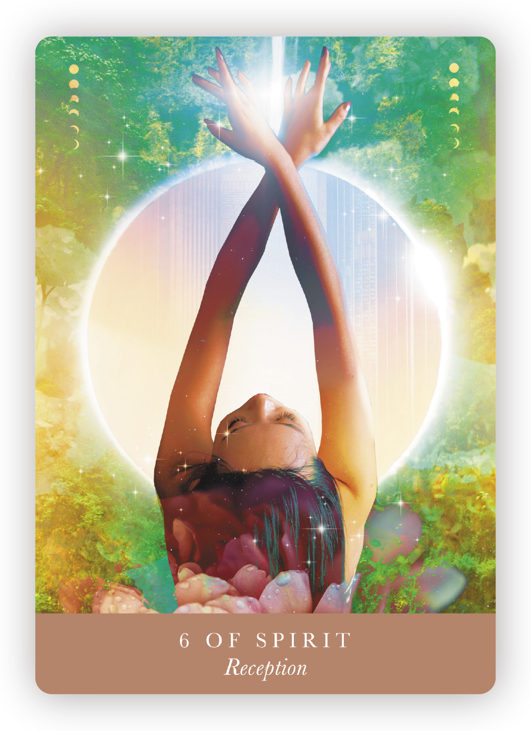 A woman with long dark hair lying back with her arms extended upward, reaching towards a bright light surrounded by a glowing aura. The background features trees, a cityscape, and a circular white halo with colorful, cosmic elements, evoking a spirit