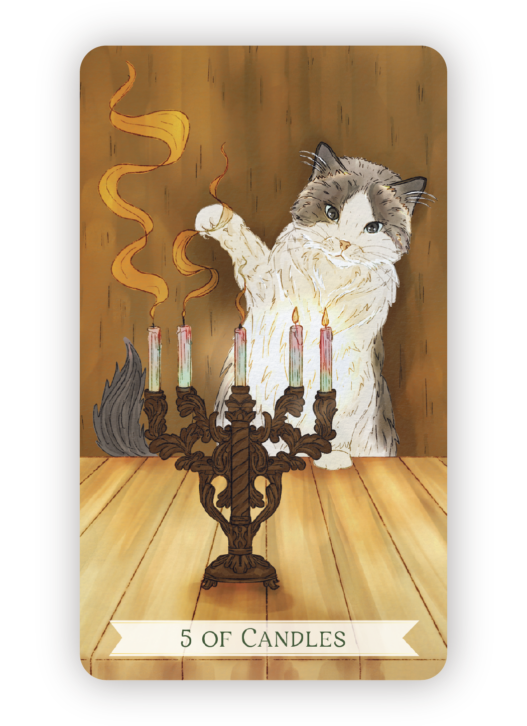 A cat sitting behind a candelabrum with five lit candles, with a wooden background and floor.