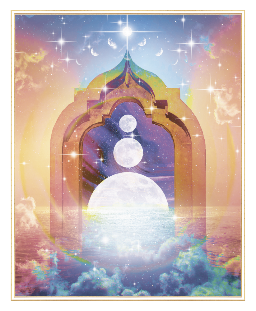 A surreal, dreamlike scene featuring a mysterious arched gateway floating above the ocean, with a series of moons and planets aligned along its top. The background is filled with colorful clouds, stars, and a cosmic sky, creating a mystical and celestial atmosphere.