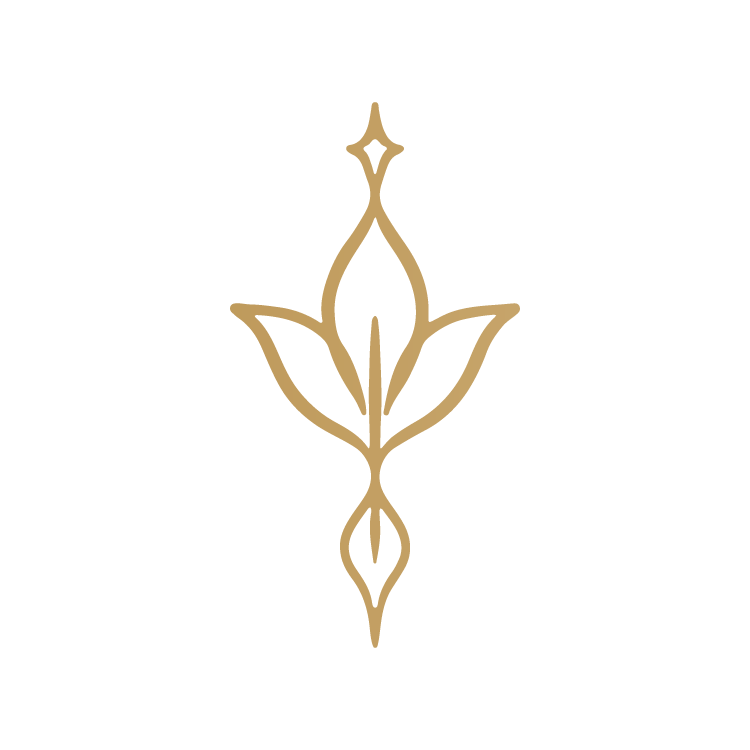 A symmetrical gold floral ornament with an abstract, elegant design on a black background.