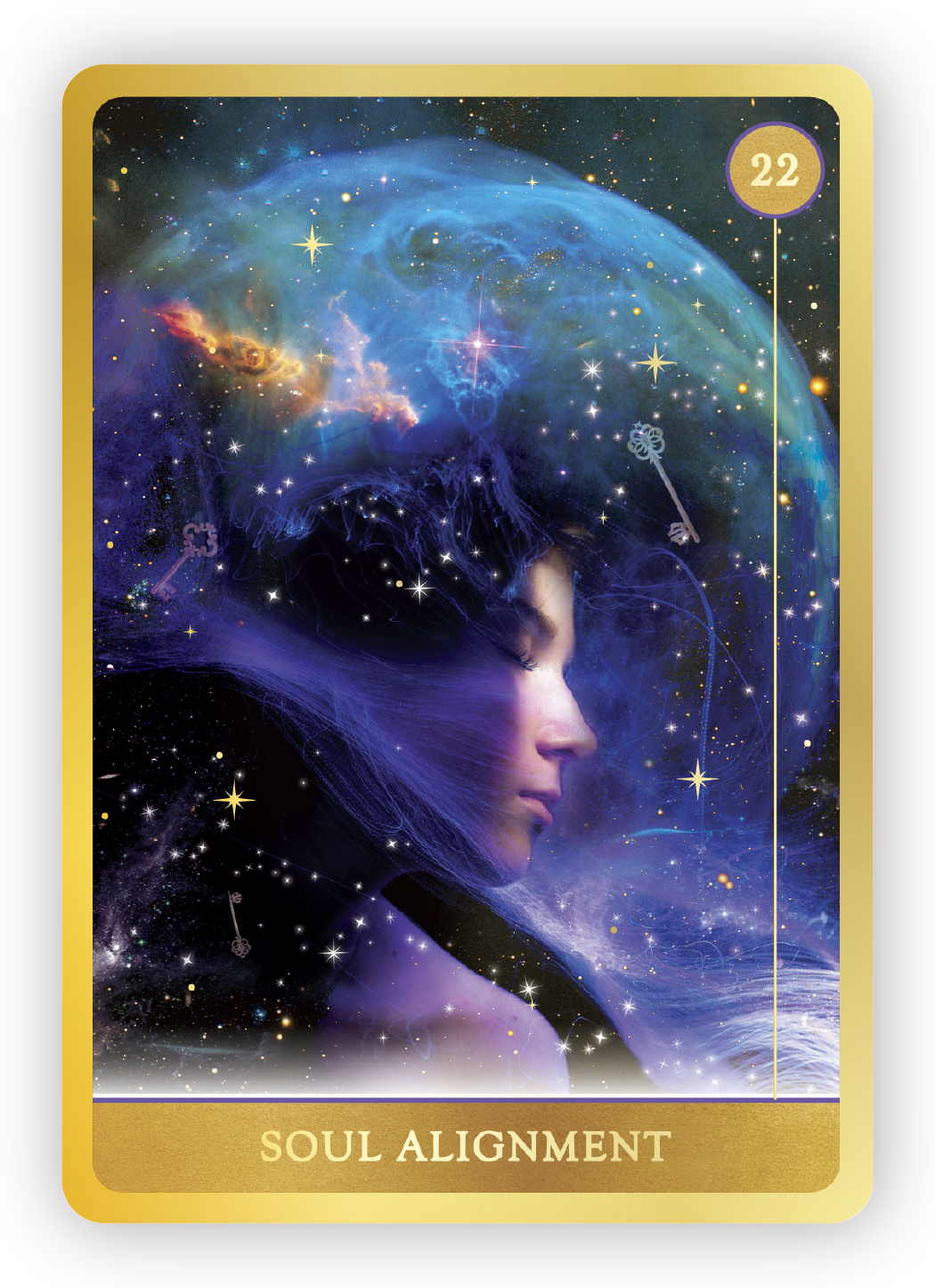 A spiritual card titled 'Soul Alignment' featuring a woman's face with eyes closed, surrounded by cosmic elements like stars, nebulae, and keys, symbolizing inner harmony and connection to the universe.