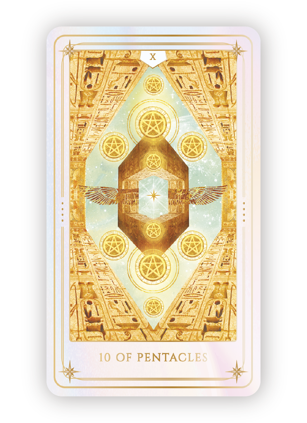 The tarot card titled '10 of Pentacles' features a symmetrical design with pyramid-like structures, golden pentacles with pentagram symbols, and winged motifs set against a celestial background with stars, all enclosed within an ornate border.