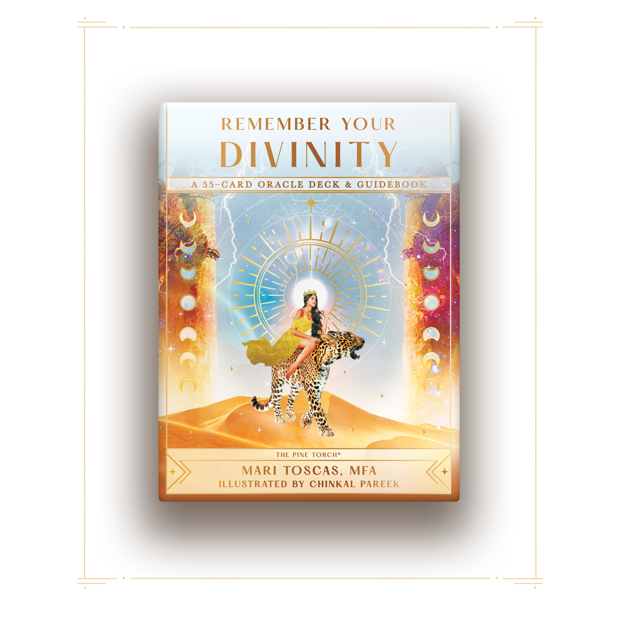 Book cover titled "Remember Your Divinity" featuring a woman in a yellow dress riding a jaguar, with celestial symbols, lightning, and a glowing sun or star behind her.