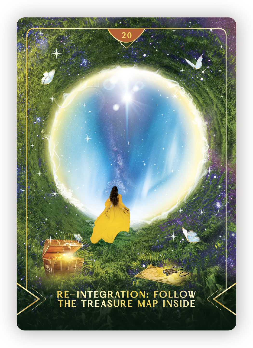 A mystical scene with a woman in a yellow dress sitting on grass, facing a glowing, swirling portal filled with stars and cosmic light. Around her are a treasure chest, a map, and binoculars, with butterflies flying nearby. The scene has a magical, f