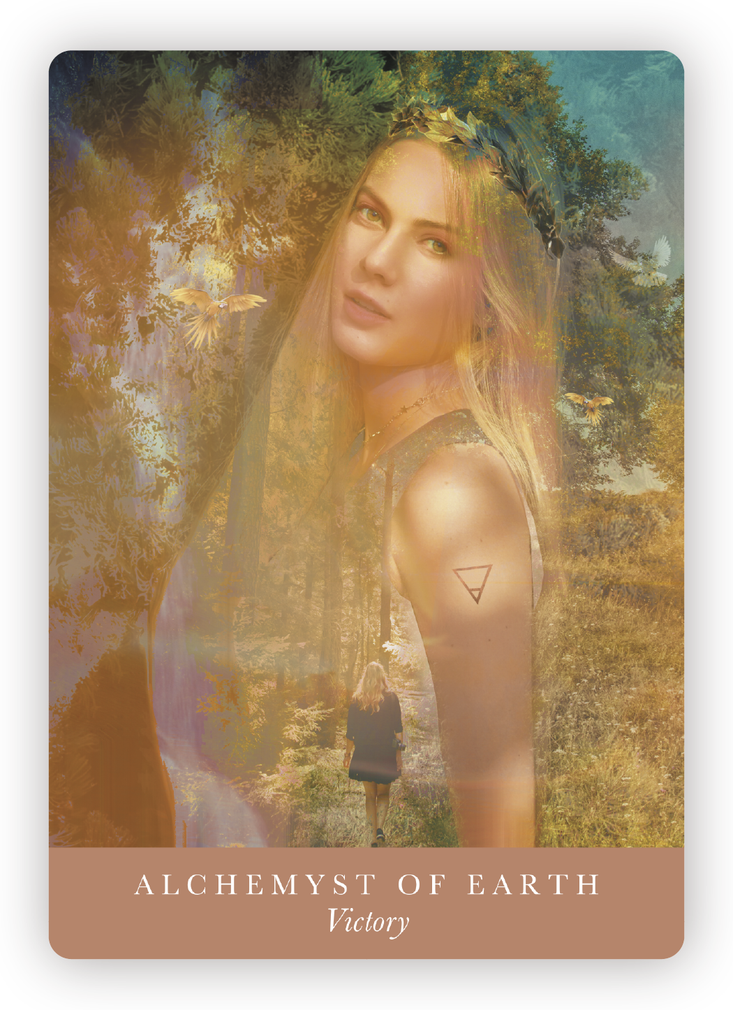 A woman with long blonde hair wearing a laurel crown, standing in a forest with a clear sky and trees in the background. She has a tattoo of a triangle on her arm and is looking at the camera. There are birds flying around her. The image has a mystic