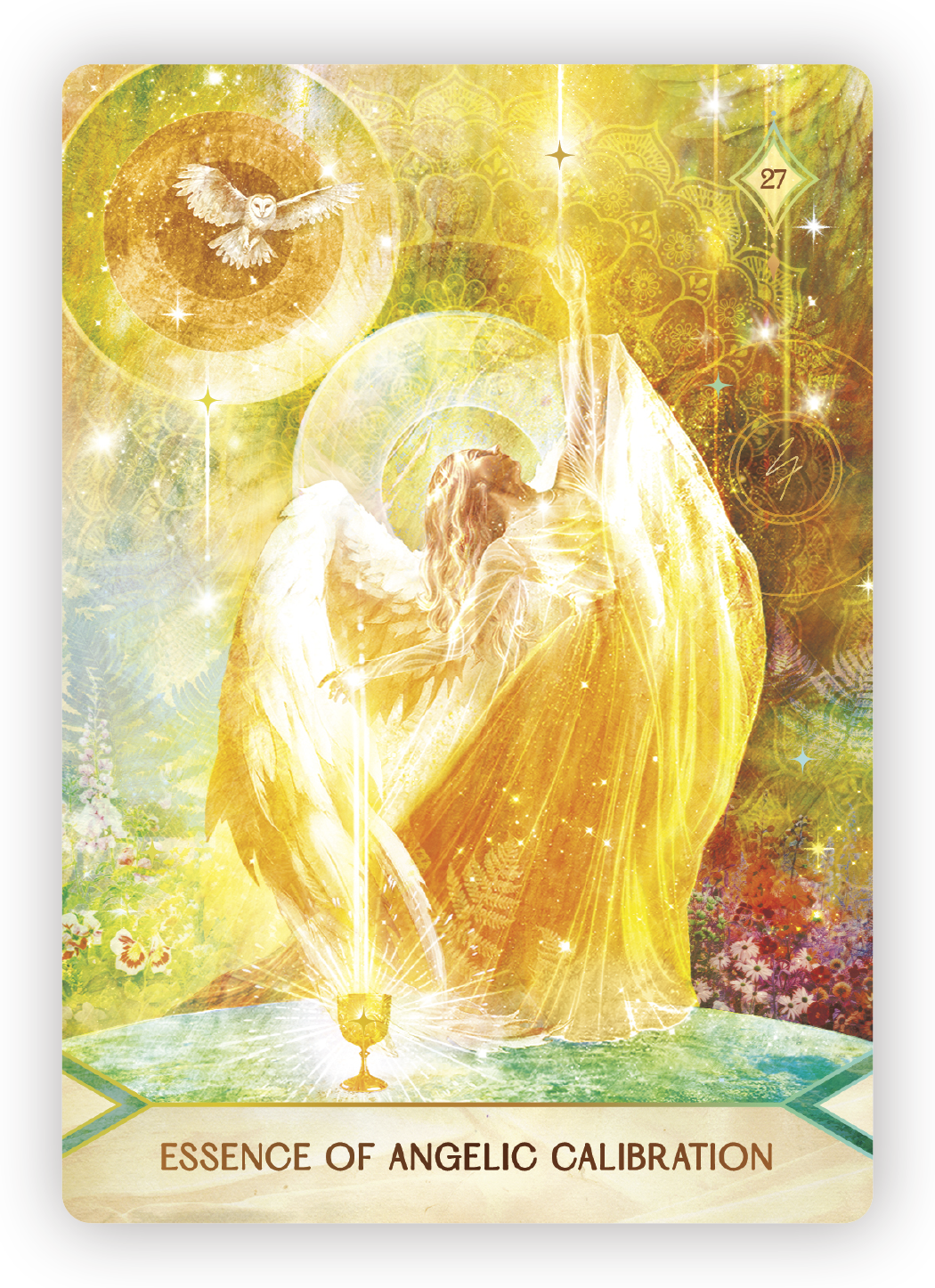 A glowing angel with wings reaching upward, surrounded by golden light, with an owl in a circle above, and floral patterns in the background. The text at the bottom reads "Essence of Angelic Calibration."