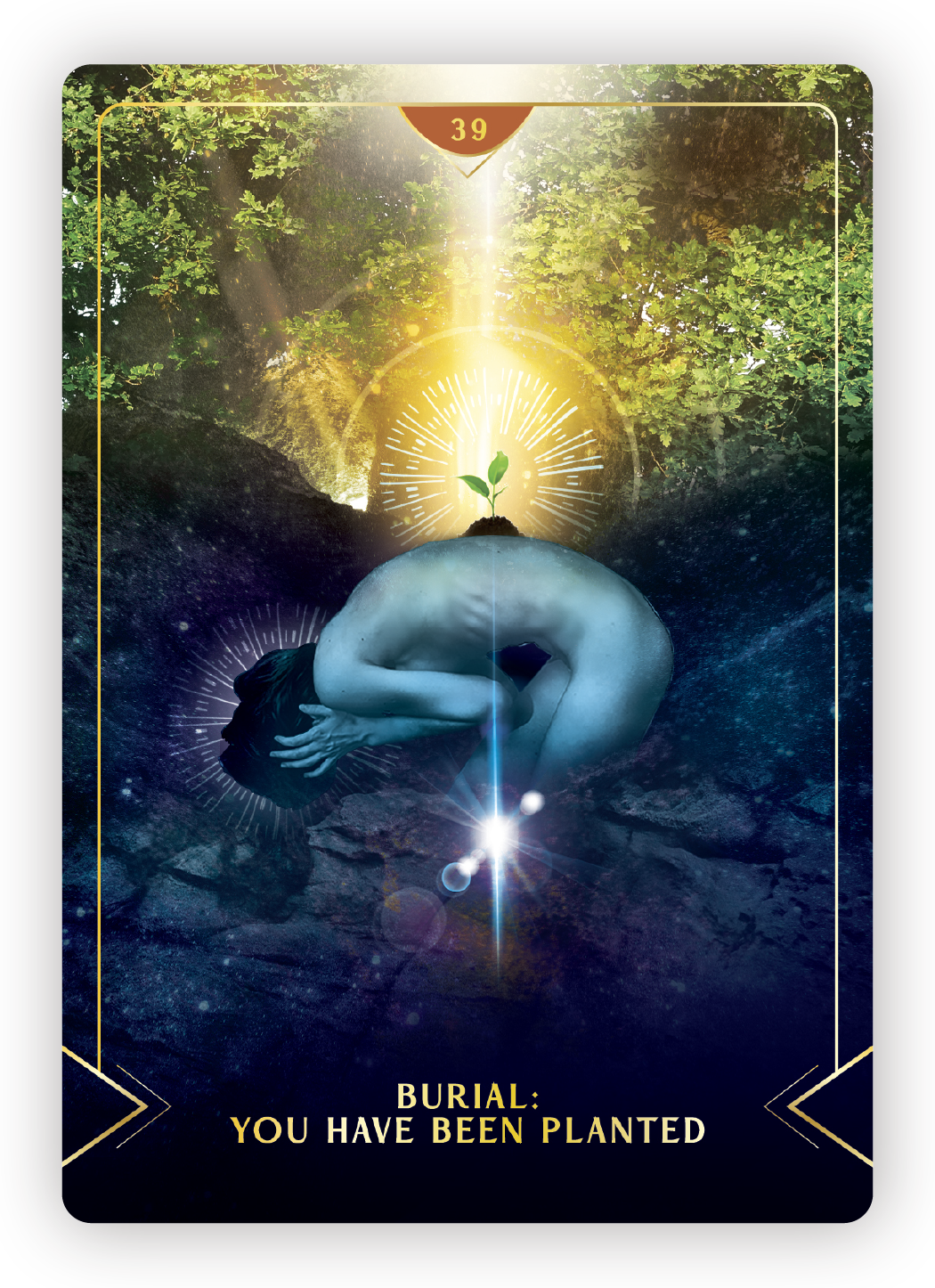 A digital artwork featuring a woman in a fetal position, with her arms covering her face, surrounded by cosmic and nature elements. There is a small plant growing from a mound of soil atop a glowing, spherical surface. Light rays and celestial symbol