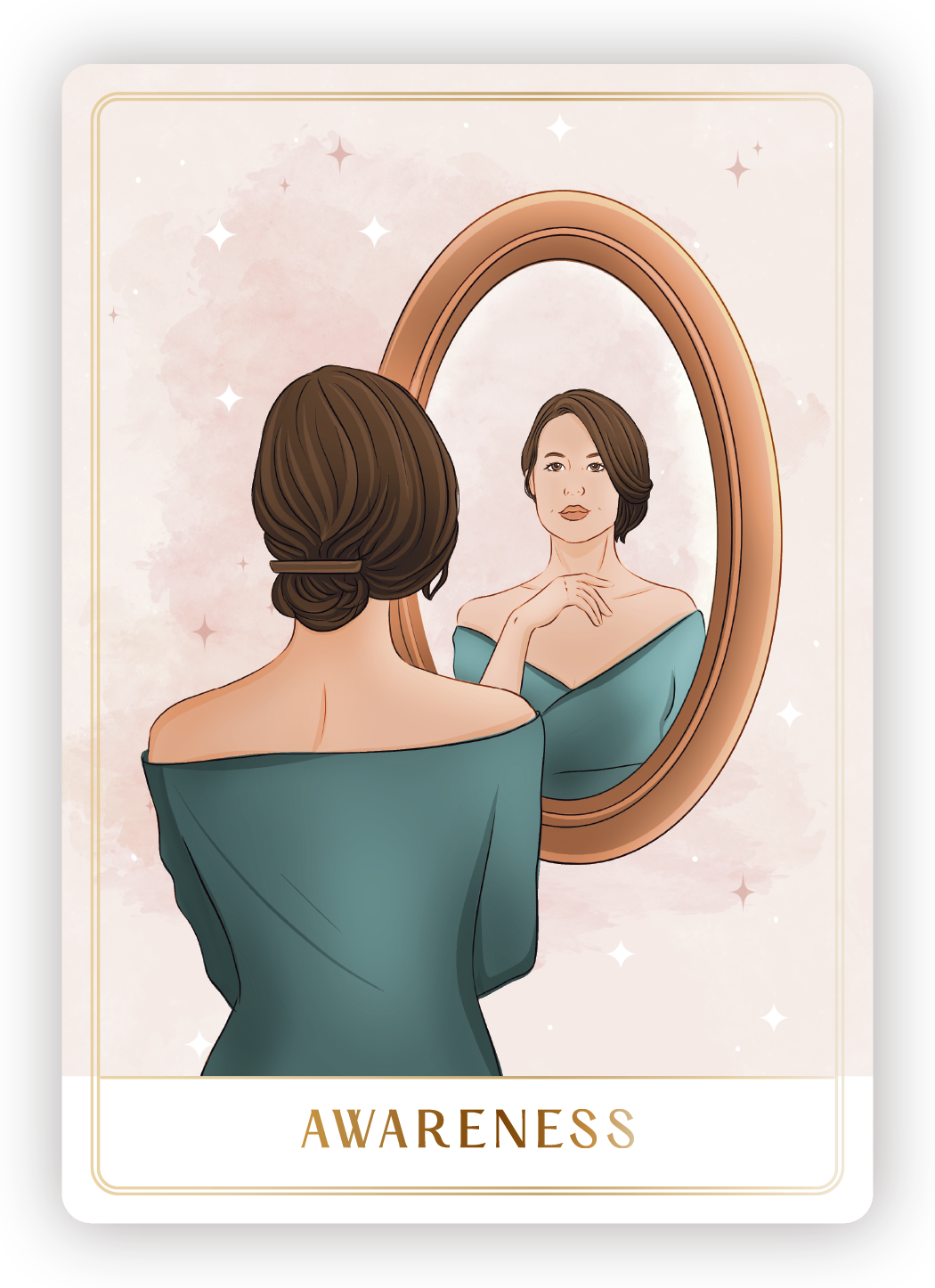 A woman with short brown hair looking at herself in a mirror, with the word 'Awareness' at the bottom.