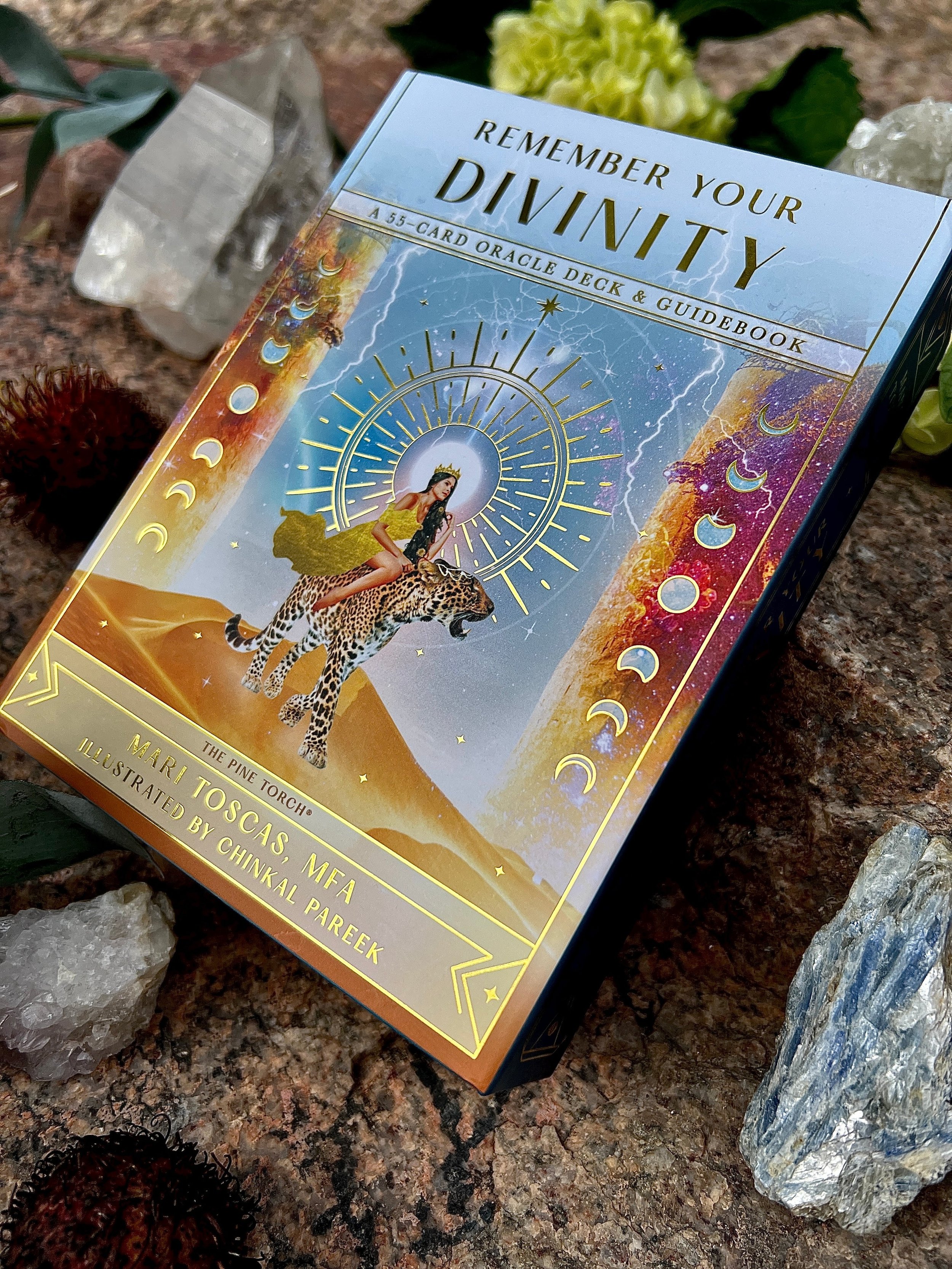 The box titled 'Remember Your Divinity' shows a mystical illustration of a woman riding a leopard, with a radiant halo behind her and celestial symbols, set against a cosmic background with lightning, moons, and stars.