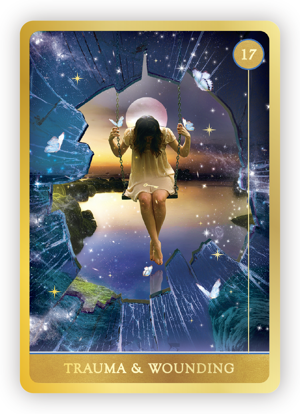A woman sitting on a swing, looking down, surrounded by a surreal cosmic scene with stars, butterflies, and a broken mirror frame, symbolizing trauma and wounding.