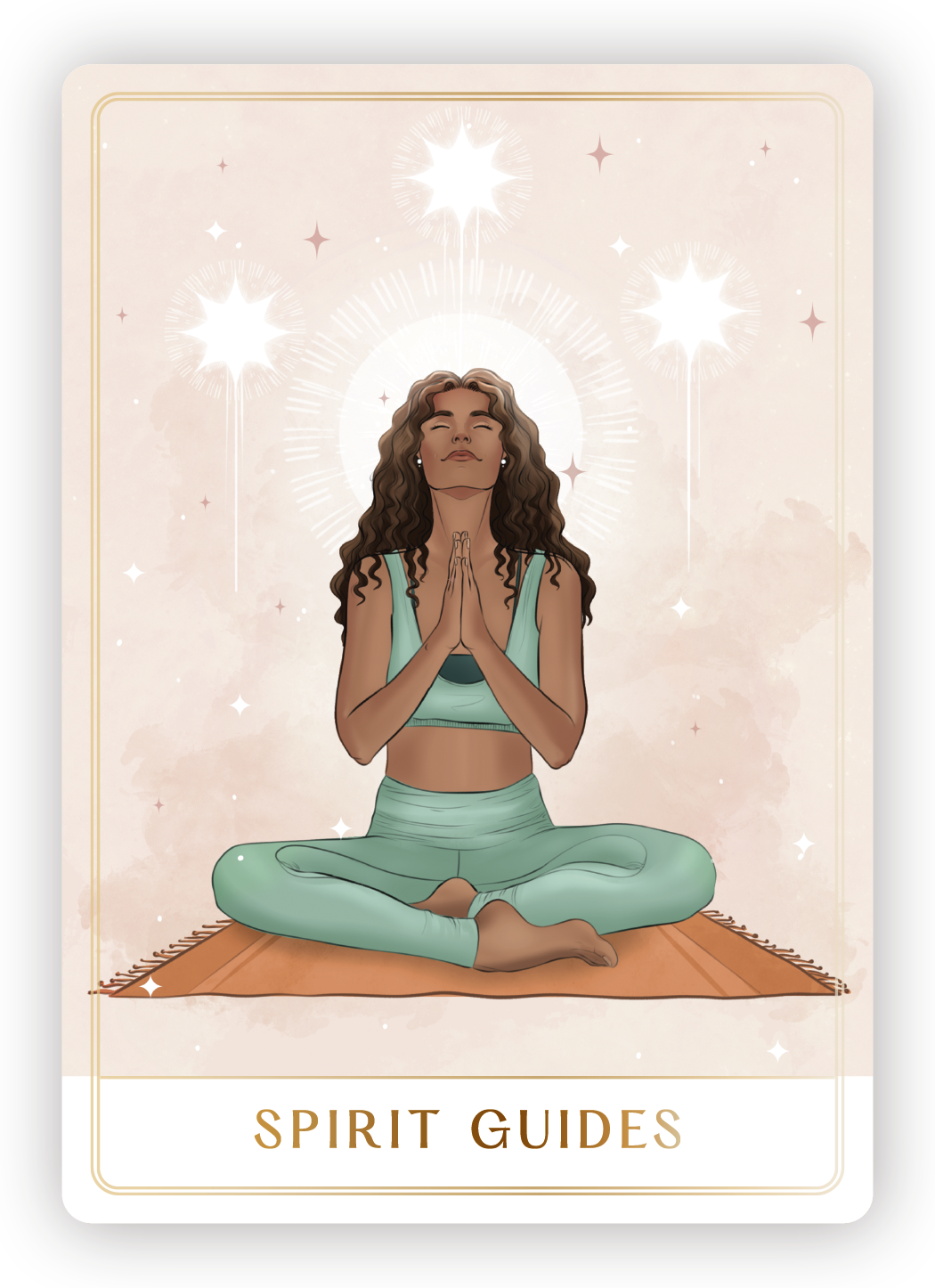 A woman in yoga attire sitting cross-legged with hands in prayer position, surrounded by glowing star orbs and radiant light, with the text 'Spirit Guides' at the bottom.