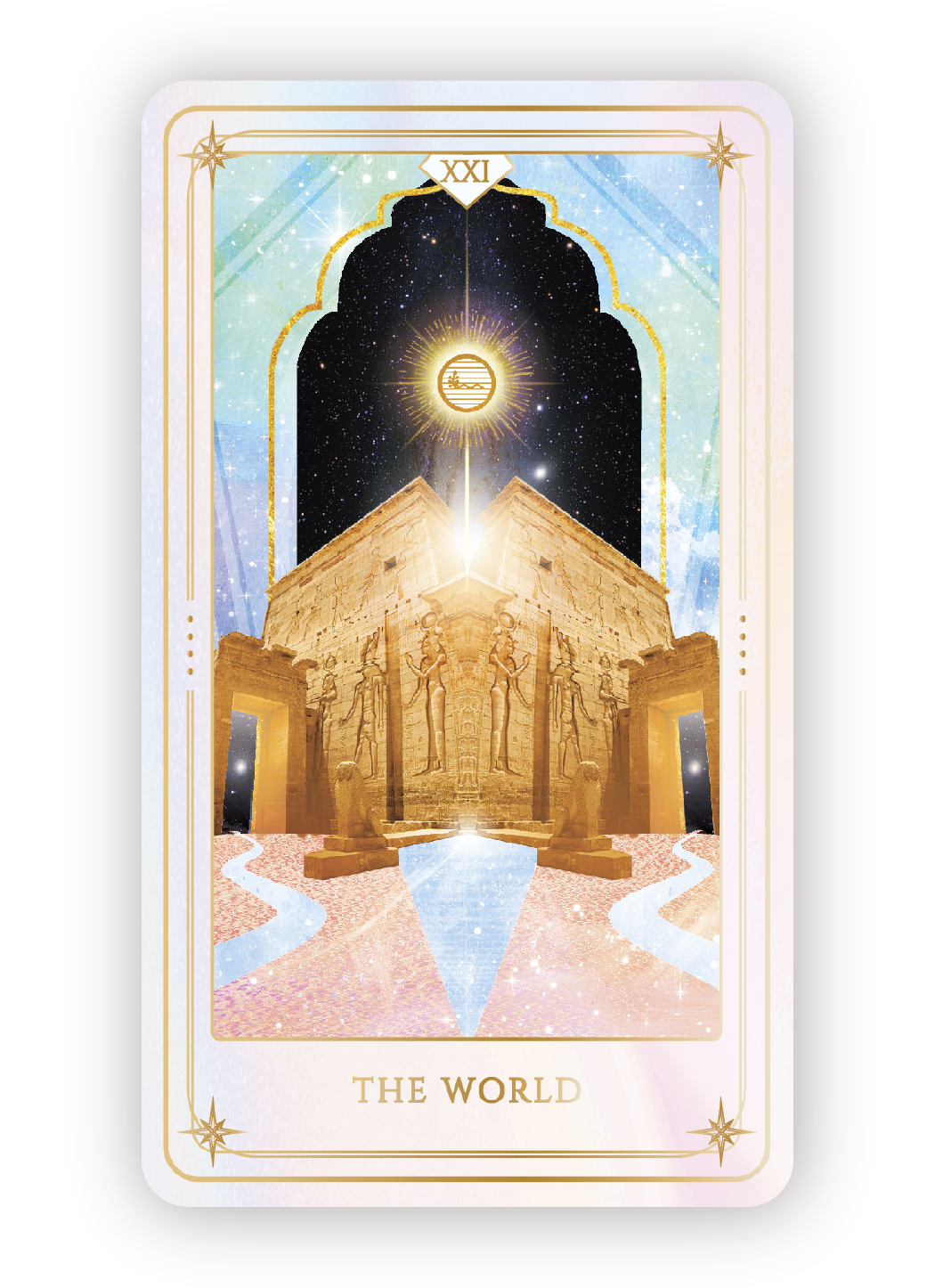 A tarot card titled 'The World' showing an ancient Egyptian temple with carved hieroglyphs and statues, set against a starry sky with a radiant sun or star at the top.