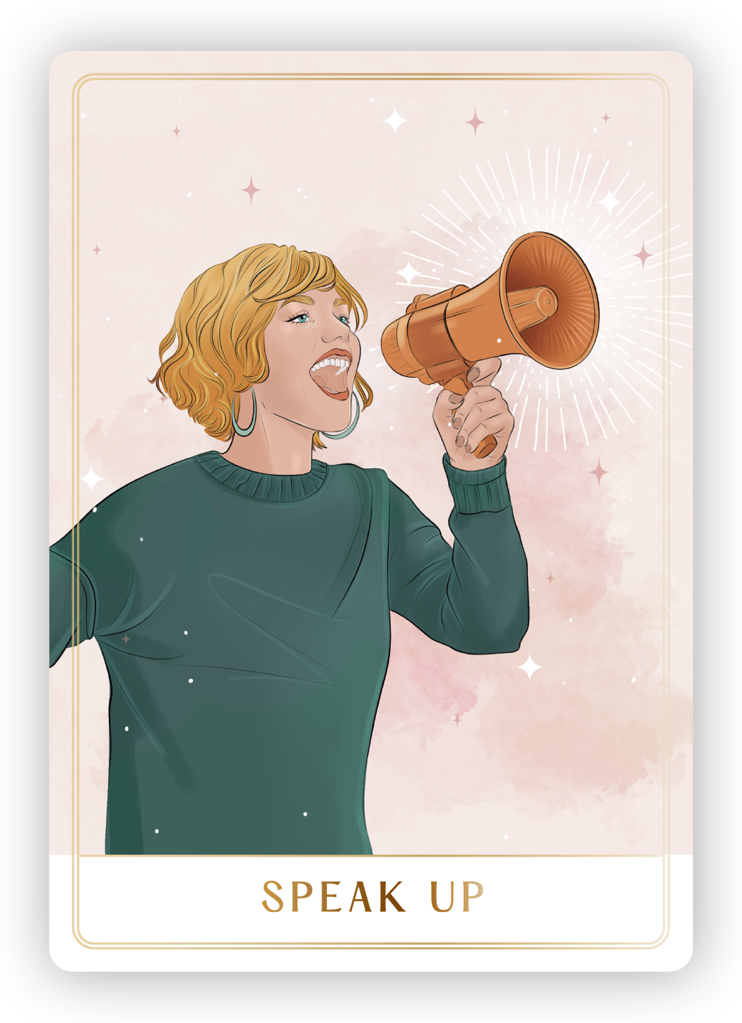 An illustrated woman with short blonde hair, wearing a green sweater and hoop earrings, speaking loudly into a megaphone with a pink and white background, with the caption "Speak Up" at the bottom.