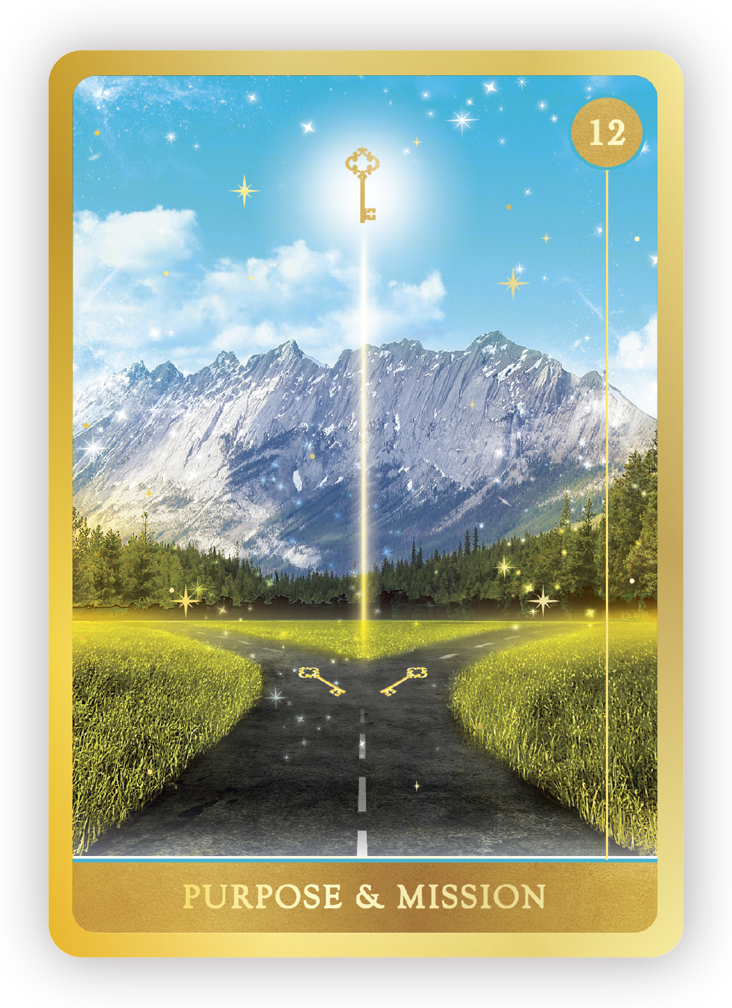 A scenic landscape featuring a mountain range, green fields, and a sky filled with stars. A glowing vertical line with keys at the bottom and a golden key at the top extends through the scene. The card is titled "Purpose & Mission".