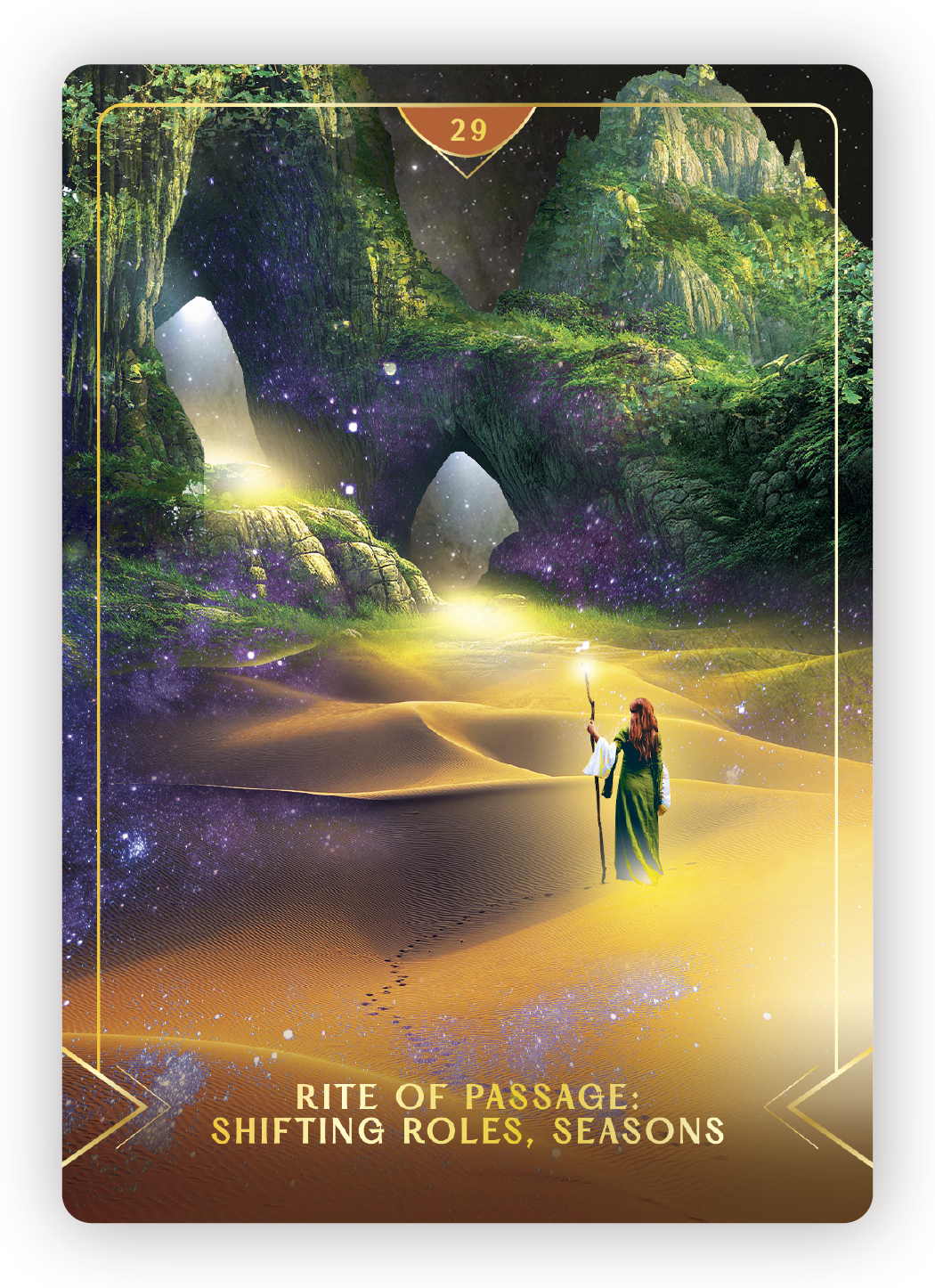 A fantasy scene with a woman dressed in green and white robes holding a staff, standing in a sandy desert with starry sky and glowing, lush green mountains in the background. The scene has a mystical and otherworldly atmosphere, with vibrant colors a