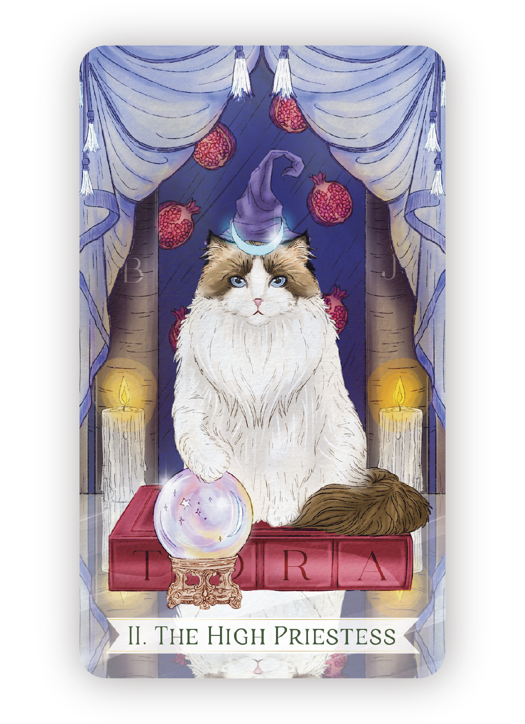 A mystical illustration of a cat with blue eyes, wearing a purple witch's hat with a crescent moon, sitting on red letter blocks spelling 'TORA'. Behind, a dark blue draped curtain and hanging pomegranates. Two lit candles are on either side, and a c