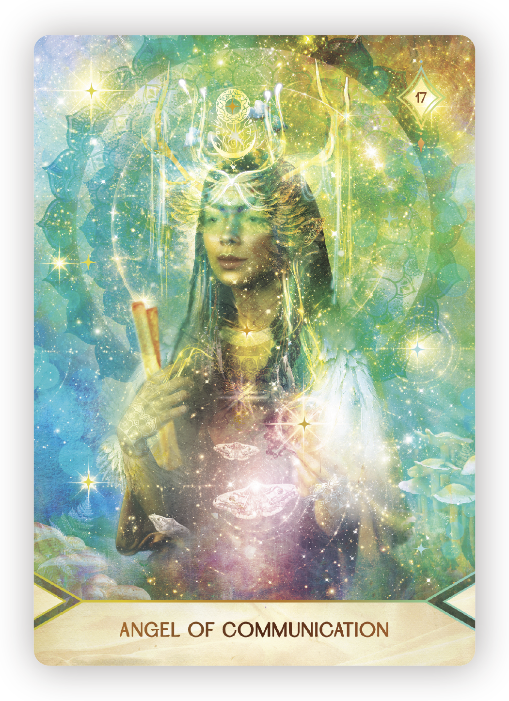 Fantasy artwork depicting a woman with cosmic and spiritual elements, glowing with bright lights, surrounded by stars, butterflies, and symbols, illustrating the theme of communication with an angel.