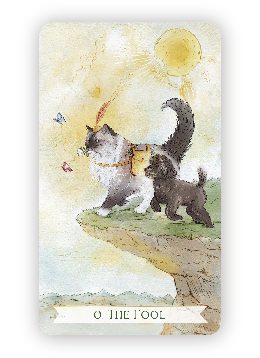 A tarot card titled "The Fool" showing a cat with a backpack and a dog standing on a grassy cliff, gazing at the sky with a large yellow sun and fluffy clouds, butterflies in the air.